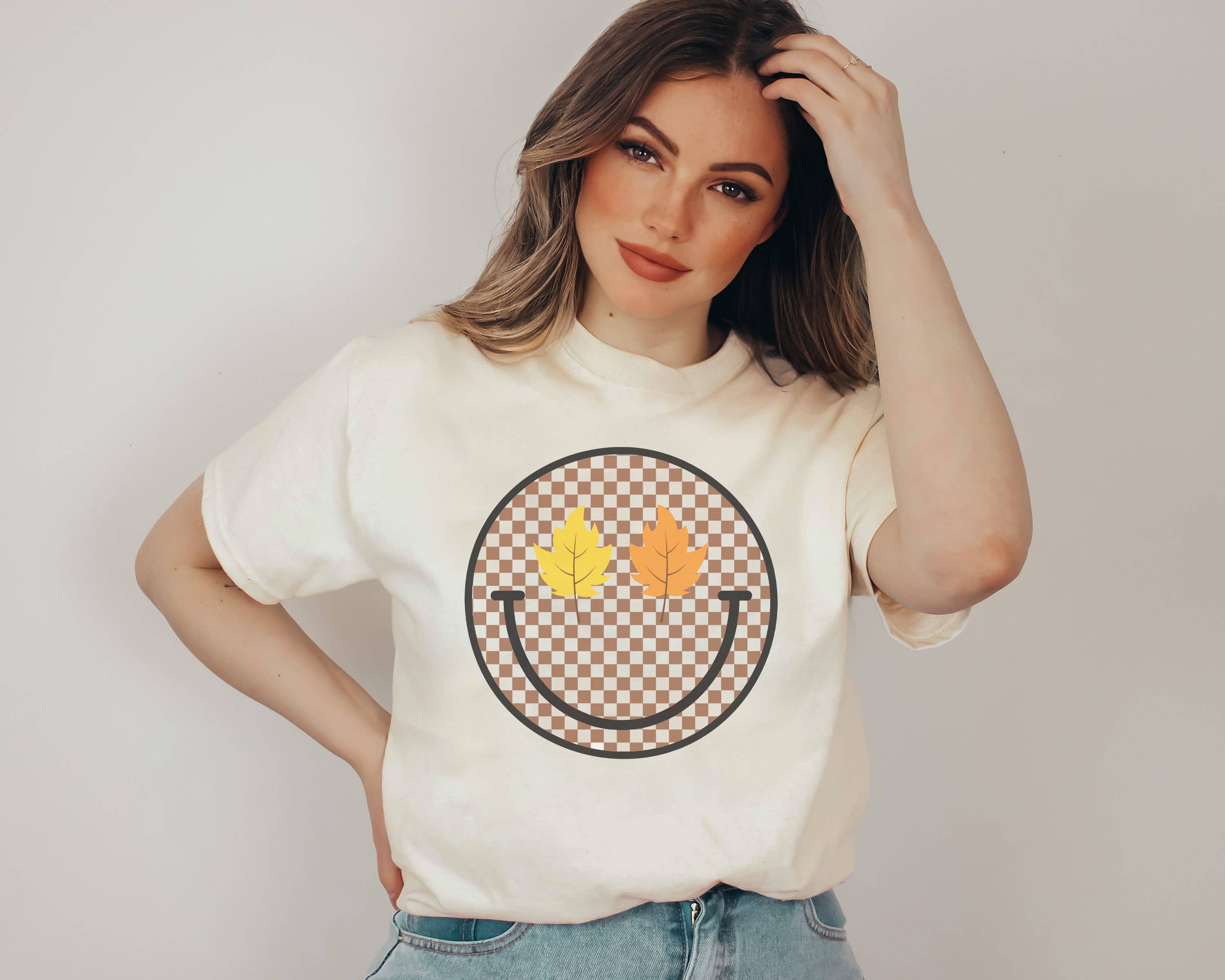 Checker Leaf Happy Face Tee | Fall Shirt Graphic Tee Hoodie, Sweatshirt | PodTeesHub.com