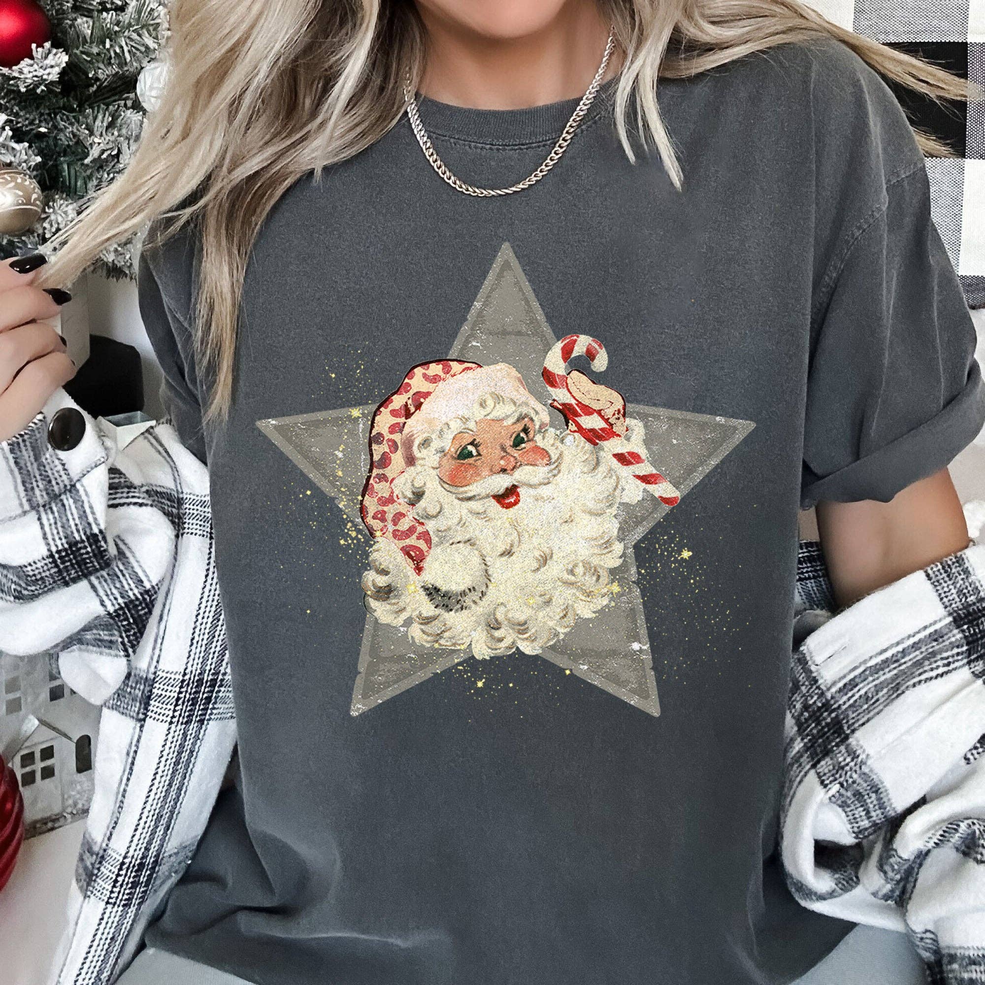 Santa, Retro, Green Star, Candy Cane, Christmas, Tshirt Hoodie, Sweatshirt | PodTeesHub.com