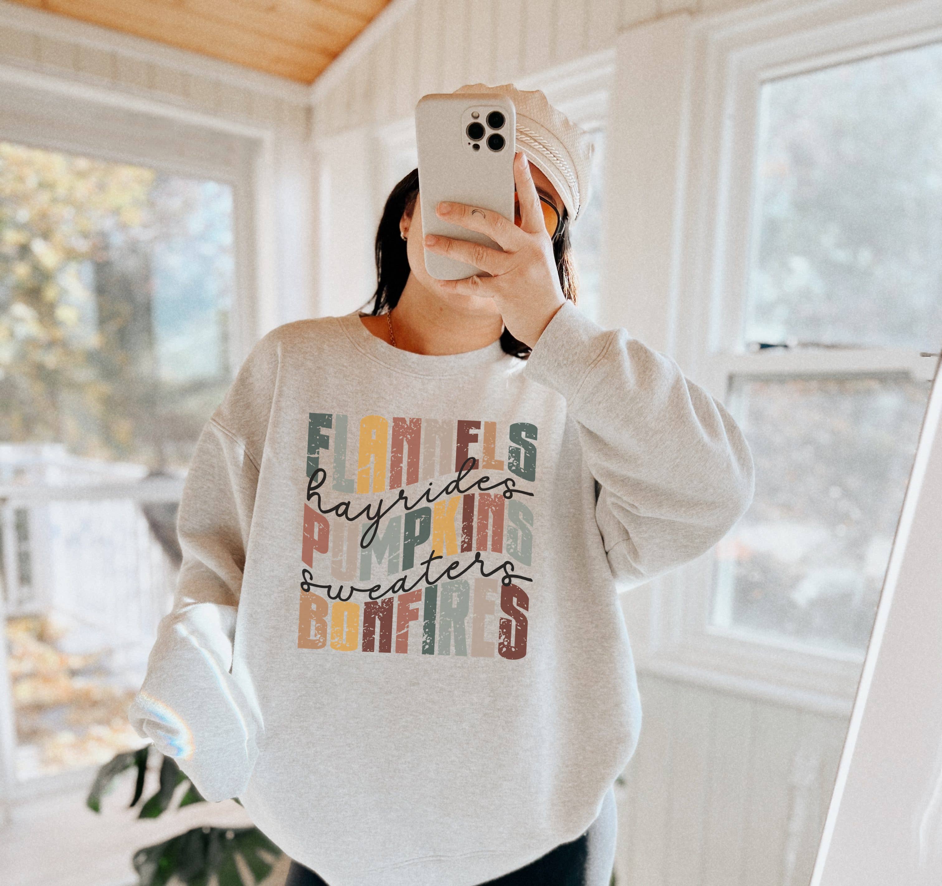 Flannels Pumpkins Bonfires Color Fall Crew Neck Sweatshirt T-Shirts, Hoodie | PodTeesHub.com