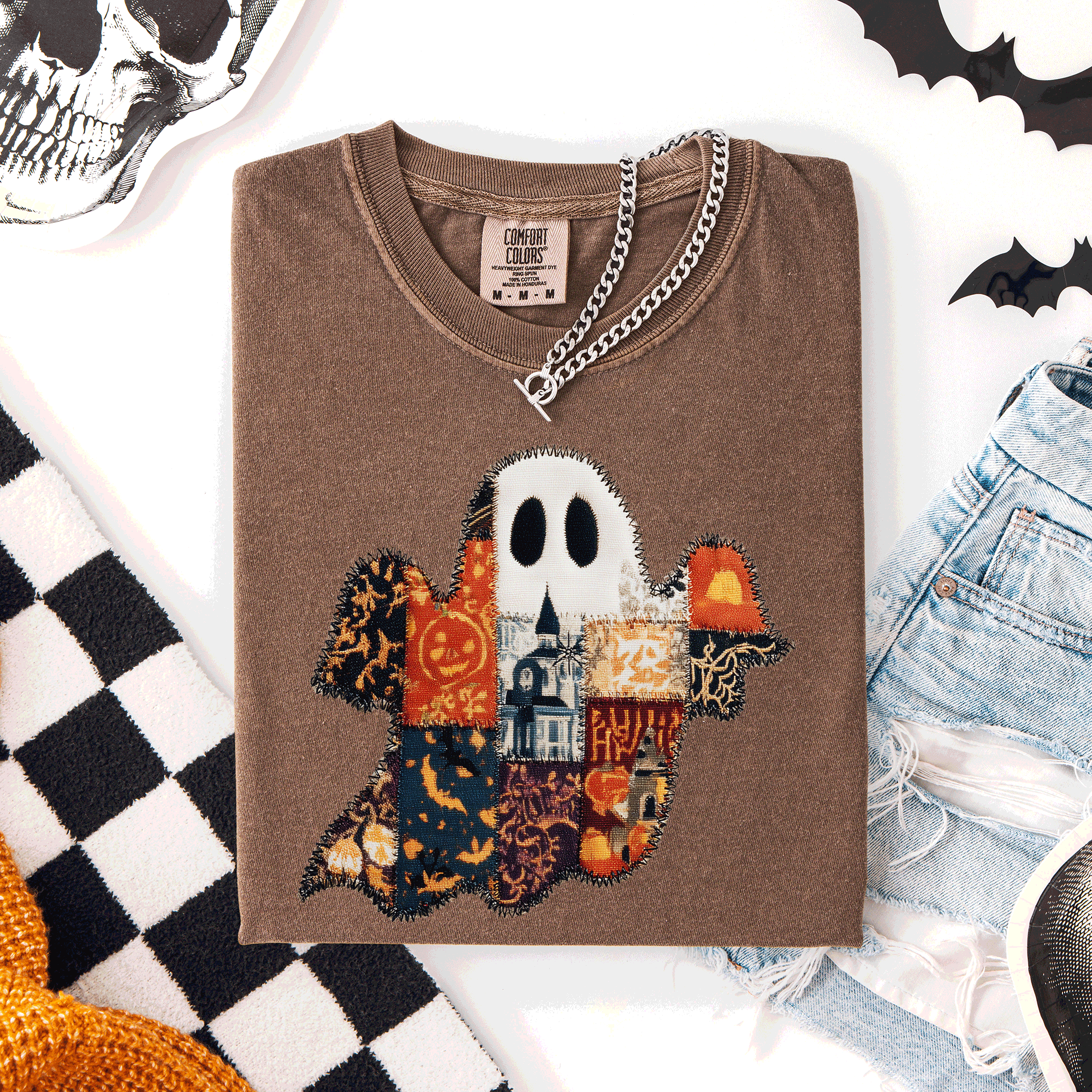 Ghost, Faux Quilt, Halloween, Cute, Trad Fall Autumn T-Shirt Hoodie, Sweatshirt | PodTeesHub.com