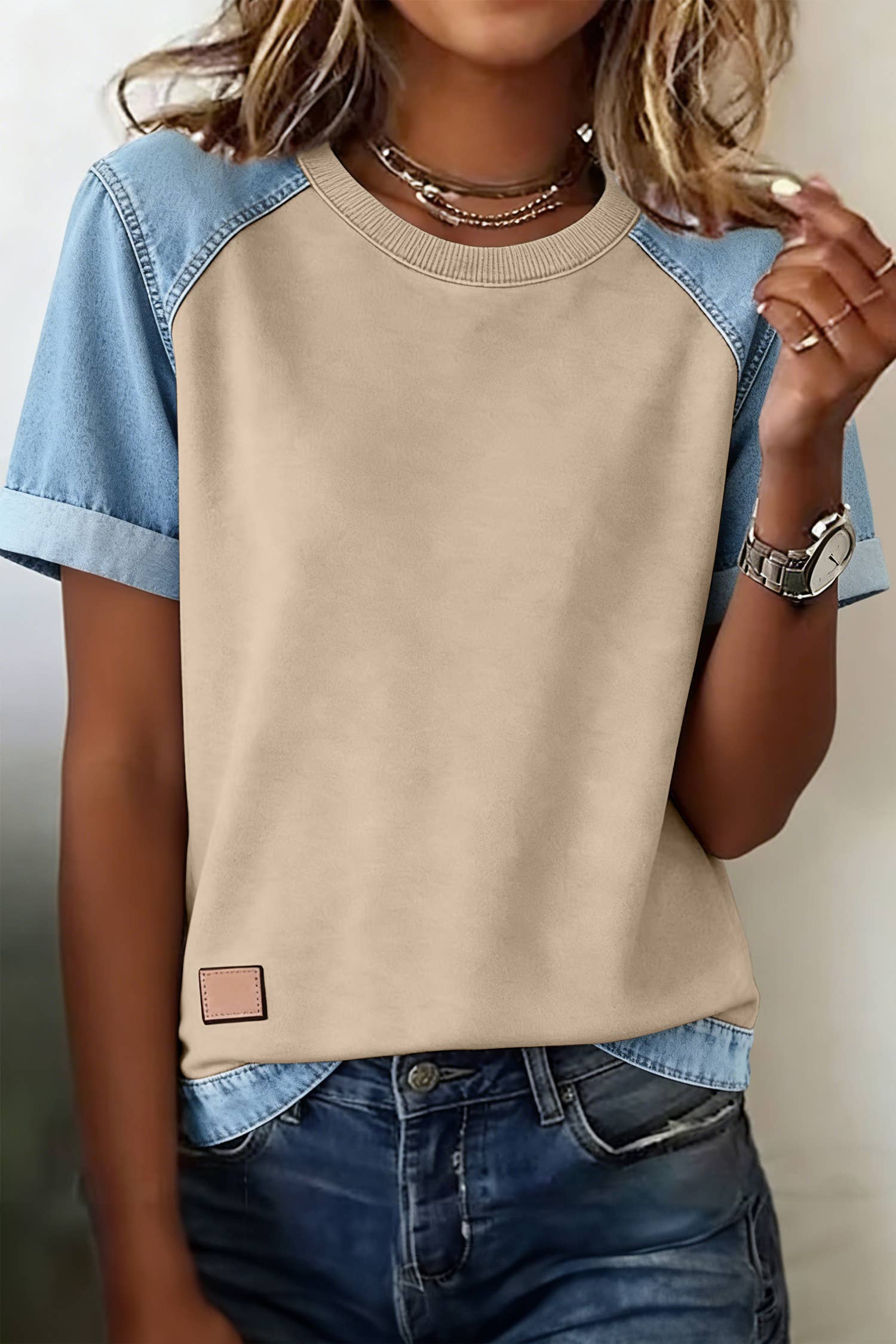 Spring 2026Denim Color Block Patchwork Round Neck Tee (S-Xl) Hoodie, Sweatshirt | PodTeesHub.com