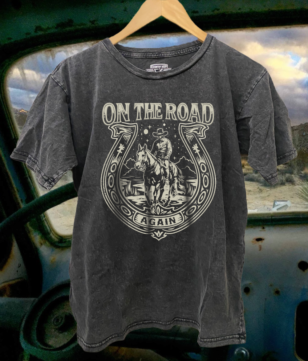 On the Road Again Horseshoe Acid Washed 90's Unisex T Shirt Hoodie, Sweatshirt | PodTeesHub.com