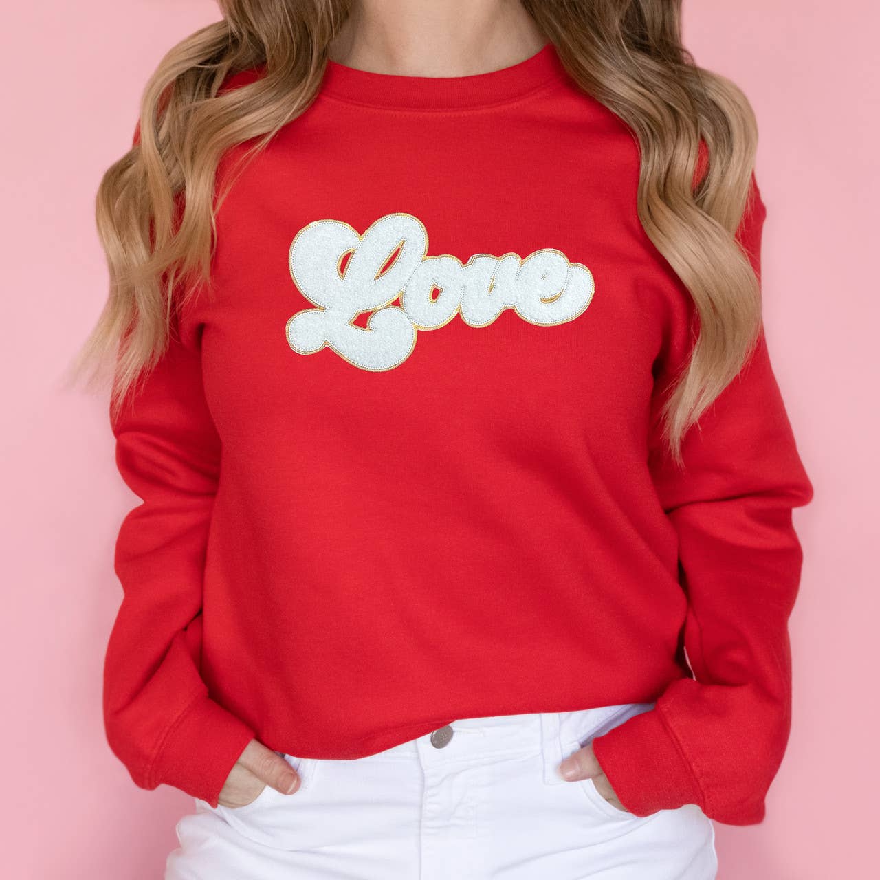 White Love Chenille Patch Crewneck Sweatshirt T-Shirts, Hoodie | PodTeesHub.com