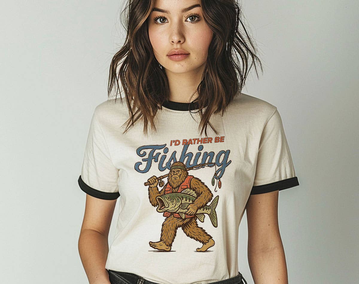 I'd Rather Be Fishing Bigfoot - Funny Fishing Ringer Shirt Hoodie, Sweatshirt | PodTeesHub.com