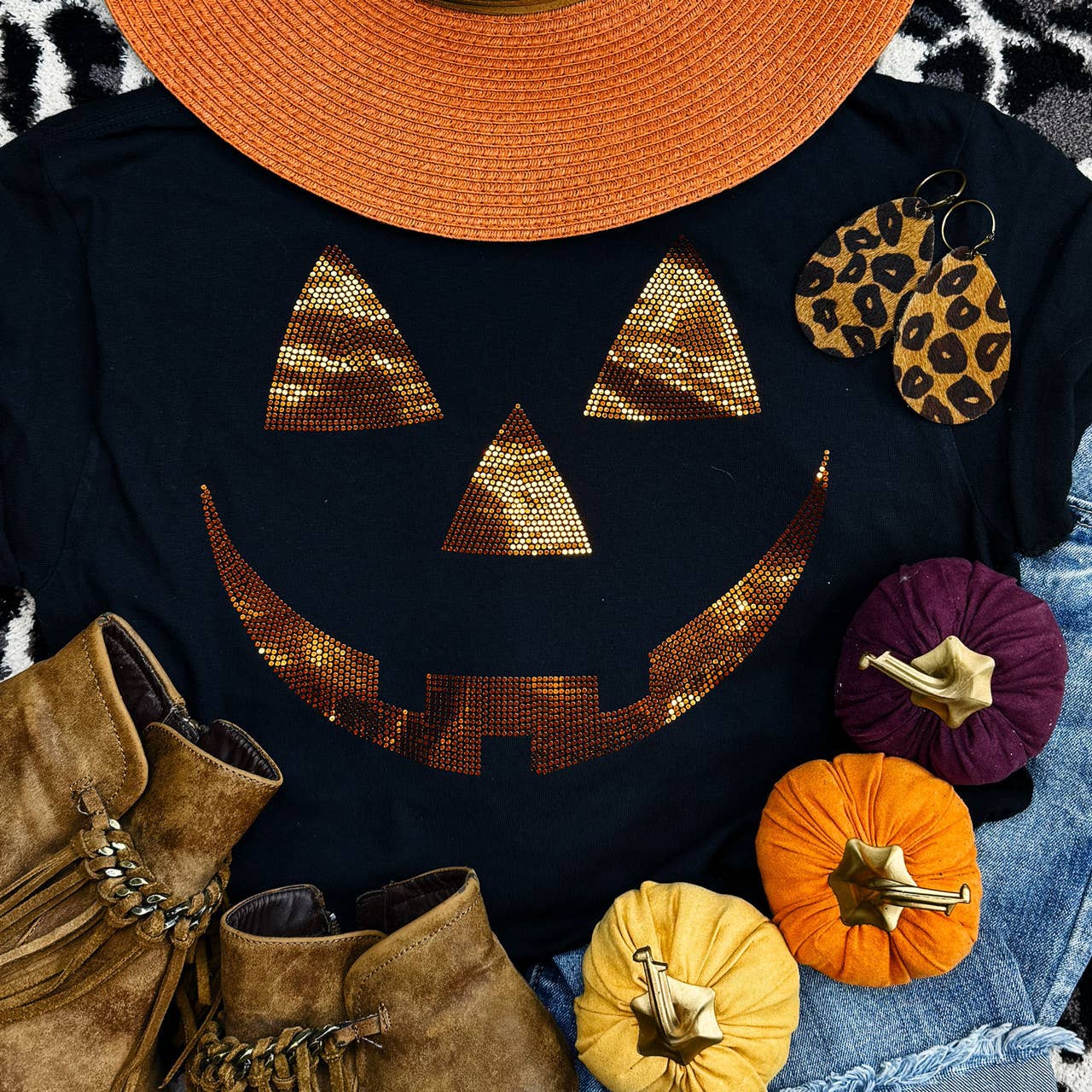 Jack O Lantern Orange Face Spangled Pigment Dyed Tee Hoodie, Sweatshirt | PodTeesHub.com
