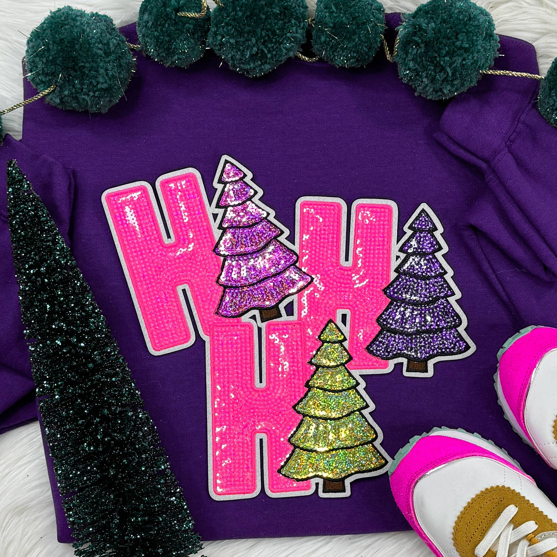 Sequin Hohoho Trees Patch Purple Crewneck Sweatshirt T-Shirts, Hoodie | PodTeesHub.com