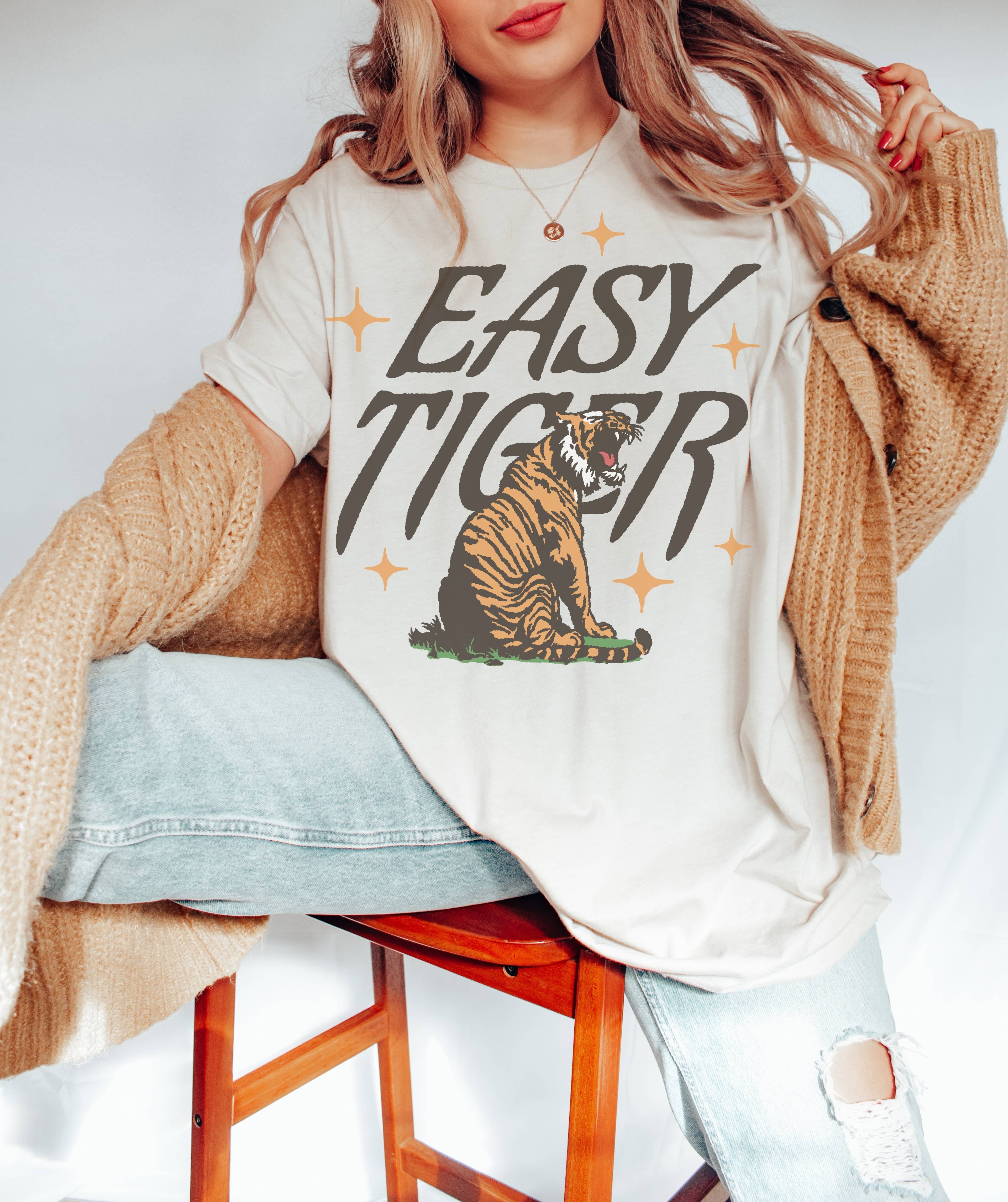 Retro Easy Tiger Tee | Boho Graphic T-Shirt Hoodie, Sweatshirt | PodTeesHub.com