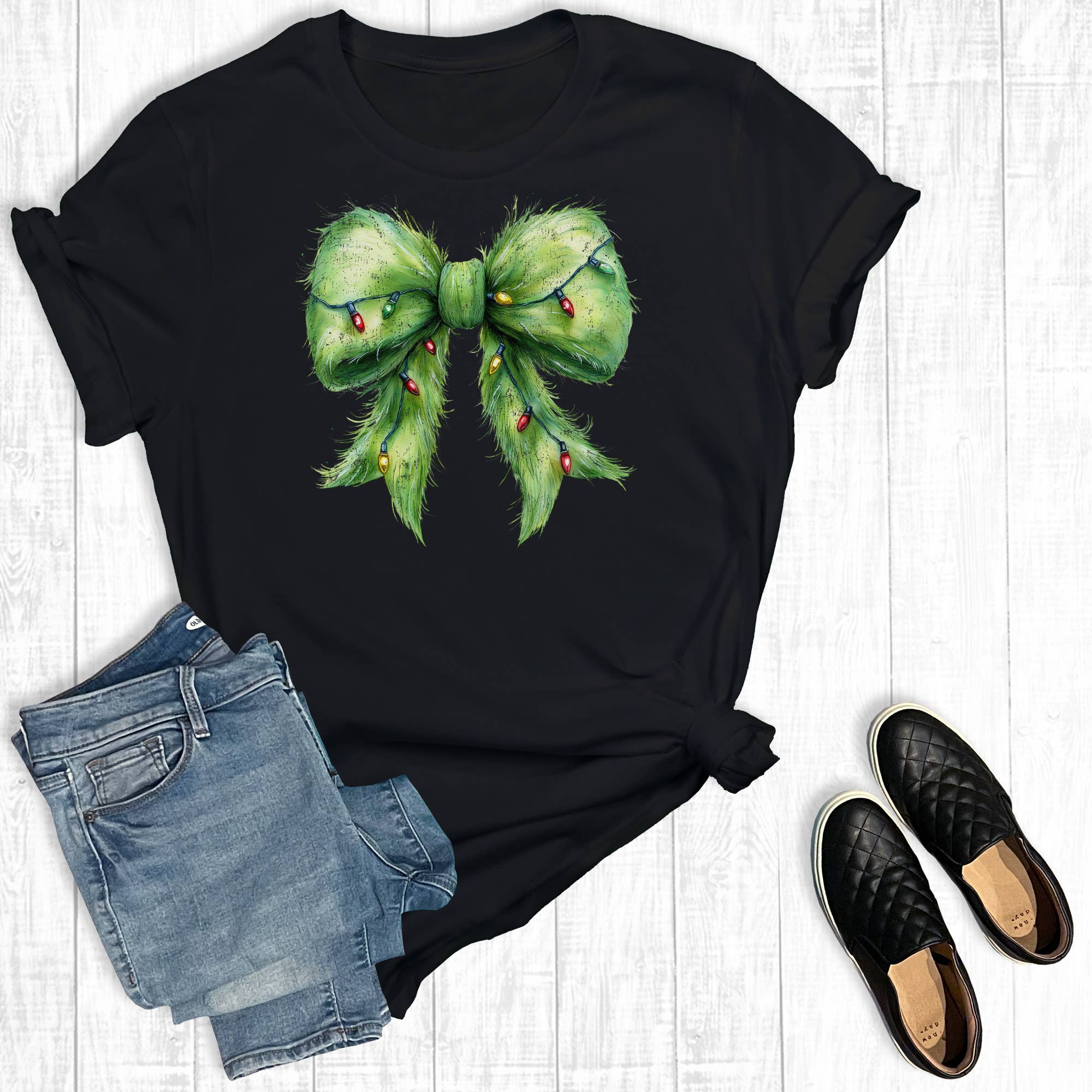 Merry Christmas Lights Coquette Bow Graphic Tee Hoodie, Sweatshirt | PodTeesHub.com