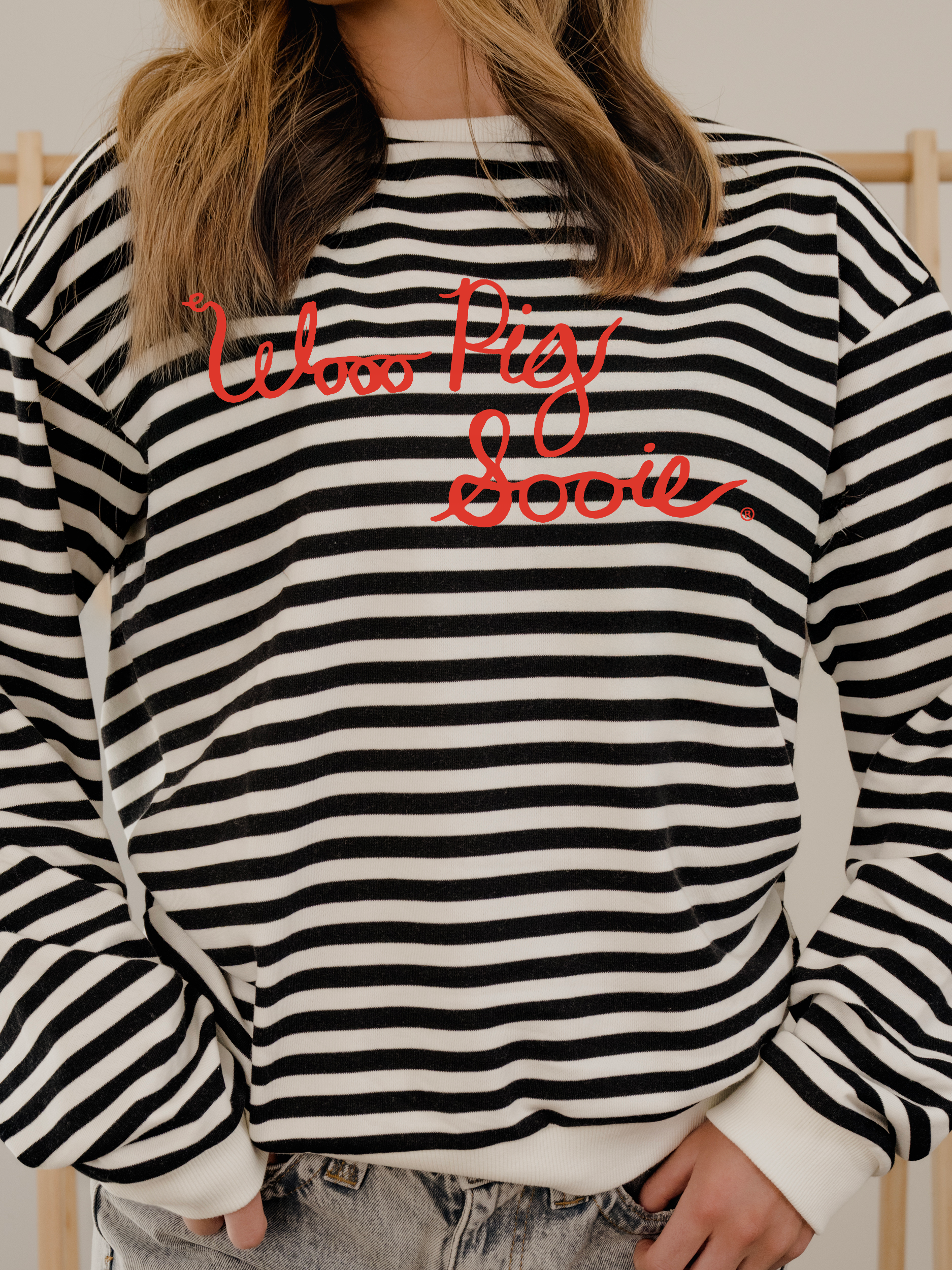 Wooo Pig Sooie Simple Script Bk/Wt Stripe Hi-Dive Sweatshirt T-Shirts, Hoodie | PodTeesHub.com