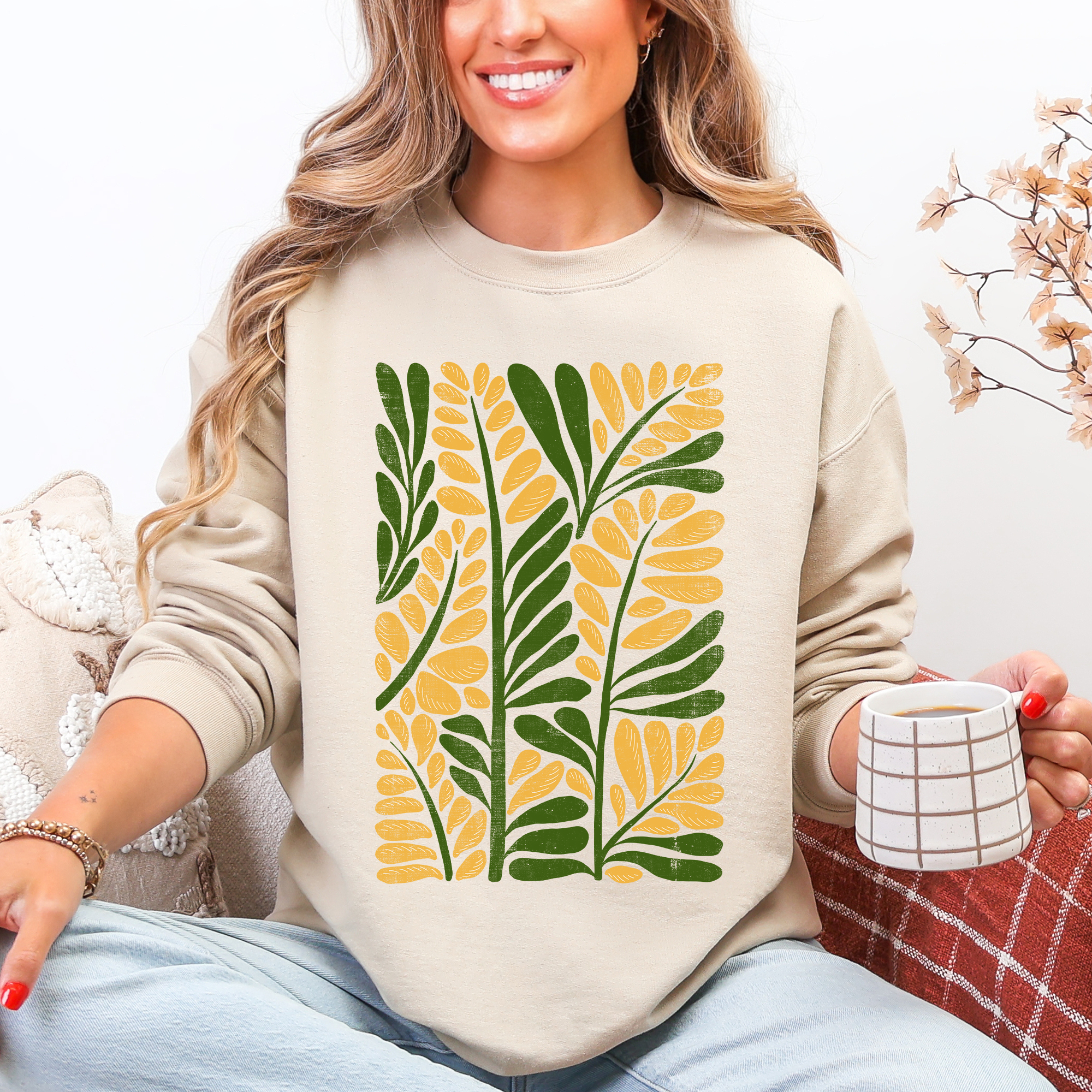 Yellow Leaf Botanical Pattern Vintage Boho Nature Sweatshirt T-Shirts, Hoodie | PodTeesHub.com