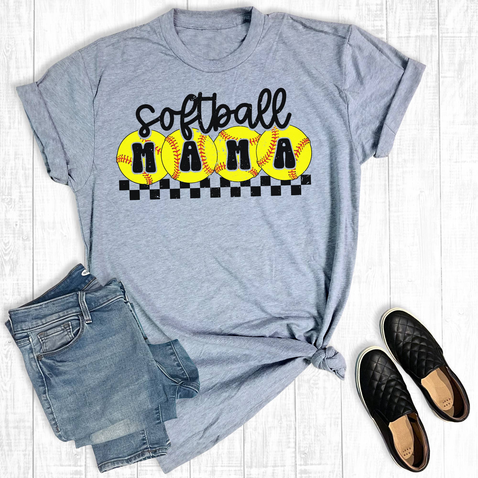 Retro Checkered Softball Mama Graphic Tee Hoodie, Sweatshirt | PodTeesHub.com