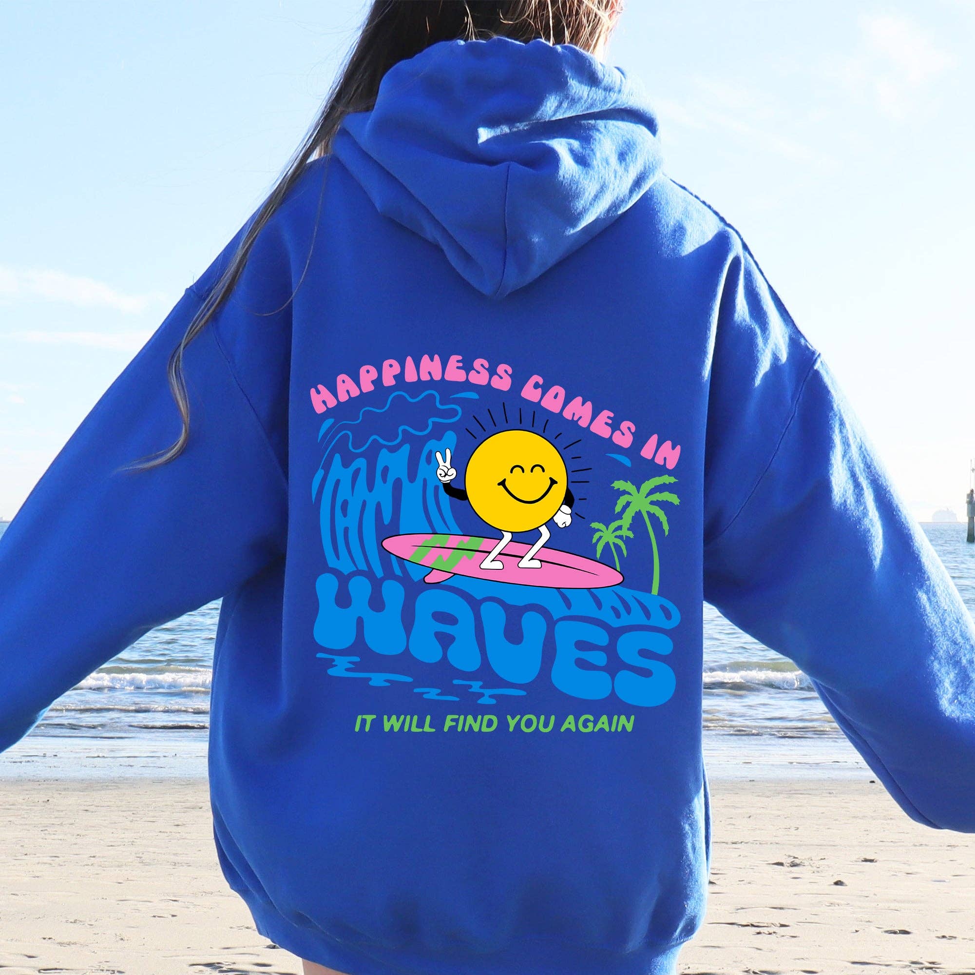 Happiness Comes in Waves, Retro, Beach, Fun, Sun Hoodie T-Shirts, Sweatshirt | PodTeesHub.com