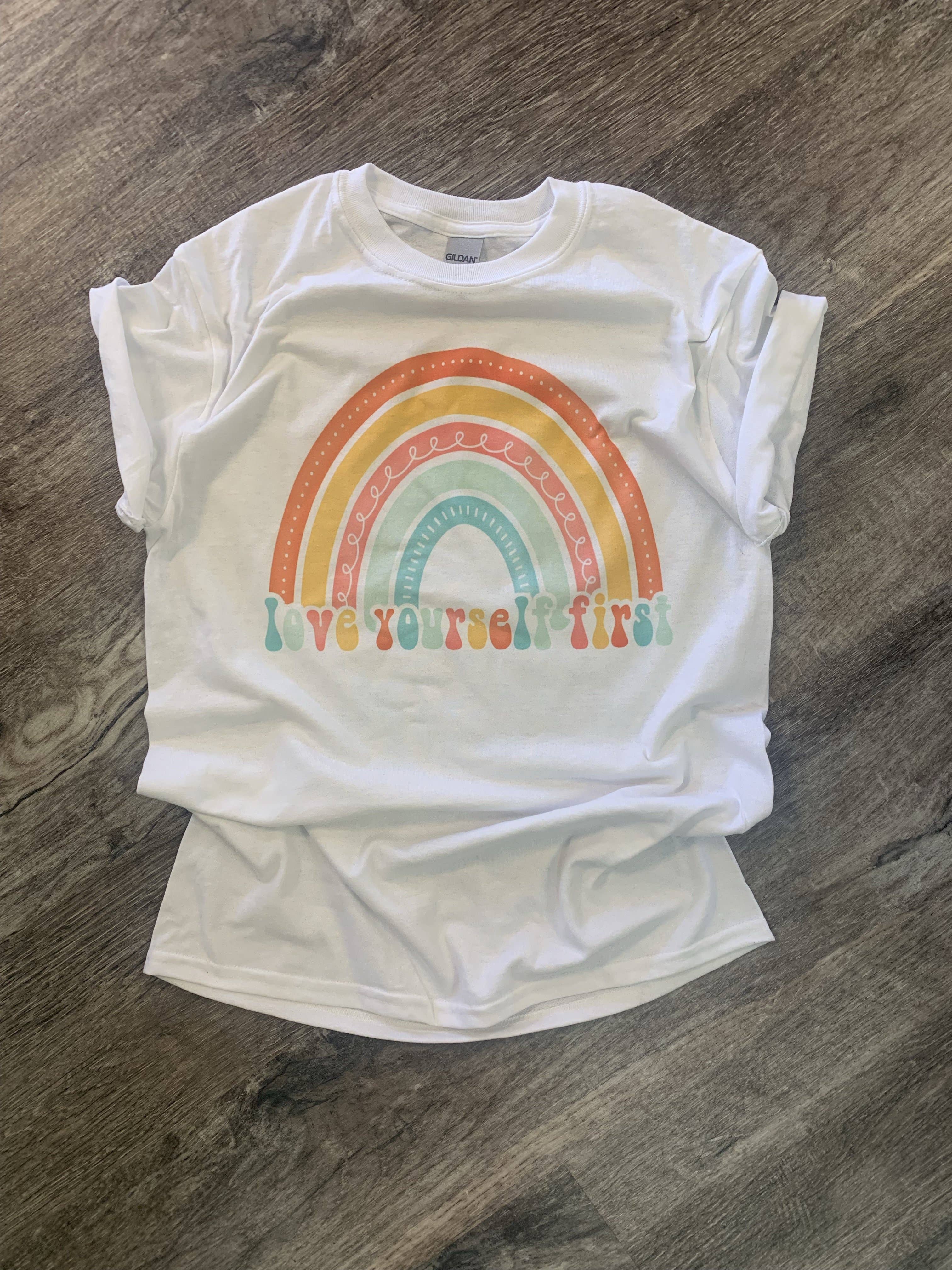Love Yourself First On White Tee Hoodie, Sweatshirt | PodTeesHub.com