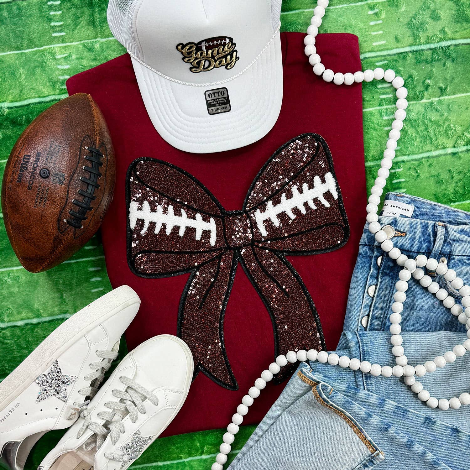 Sequins Football Bow Patch Garnet Everyday Tee Hoodie, Sweatshirt | PodTeesHub.com