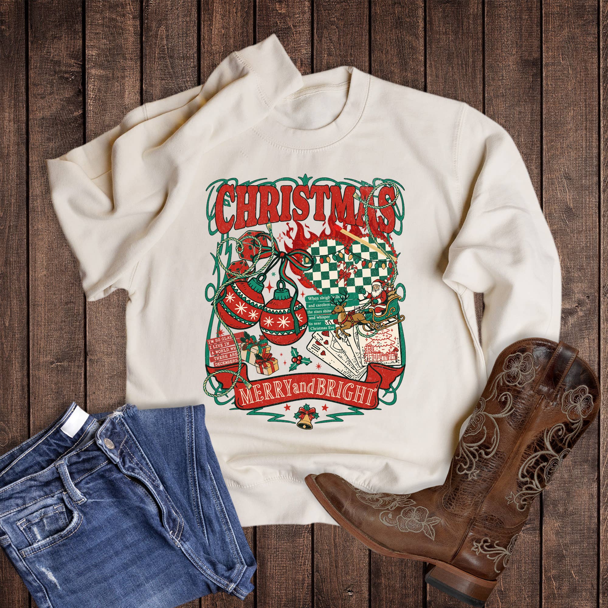 Western Christmas Merry and Bright Collage Sweatshirt T-Shirts, Hoodie | PodTeesHub.com