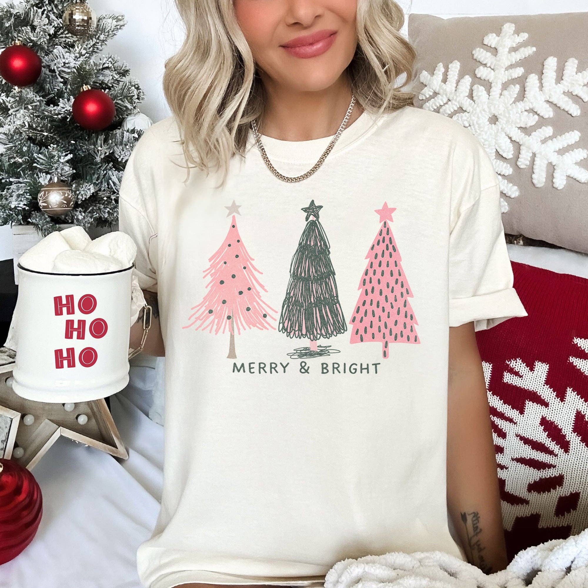 Pastel Christmas Trees, Merry and Bright, Tshirt Hoodie, Sweatshirt | PodTeesHub.com
