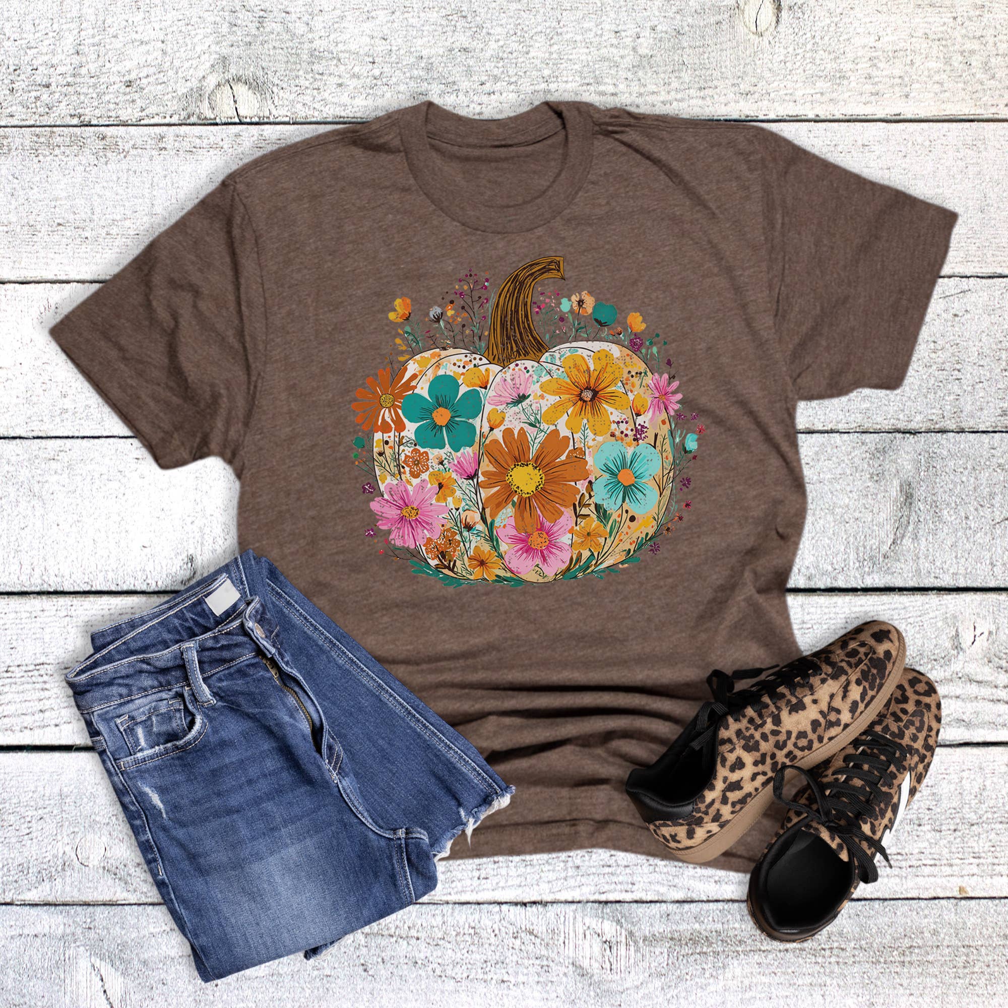Fall Boho Floral Pumpkin Graphic Tee Hoodie, Sweatshirt | PodTeesHub.com