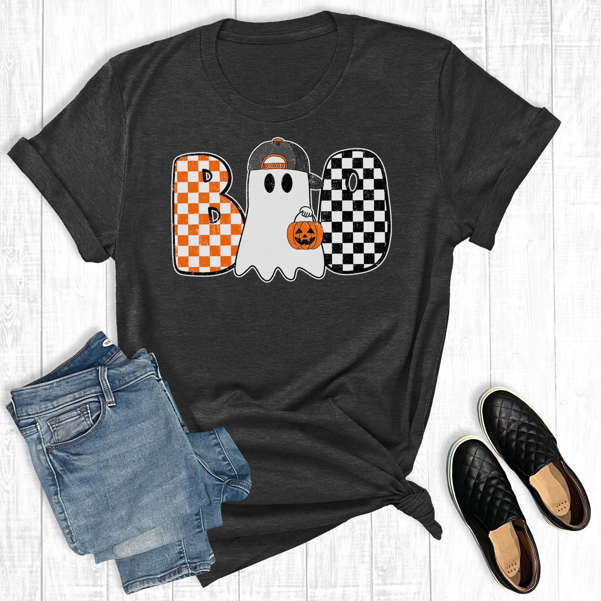 Retro Halloween Checkered Boo Ghost Graphic Tee Hoodie, Sweatshirt | PodTeesHub.com