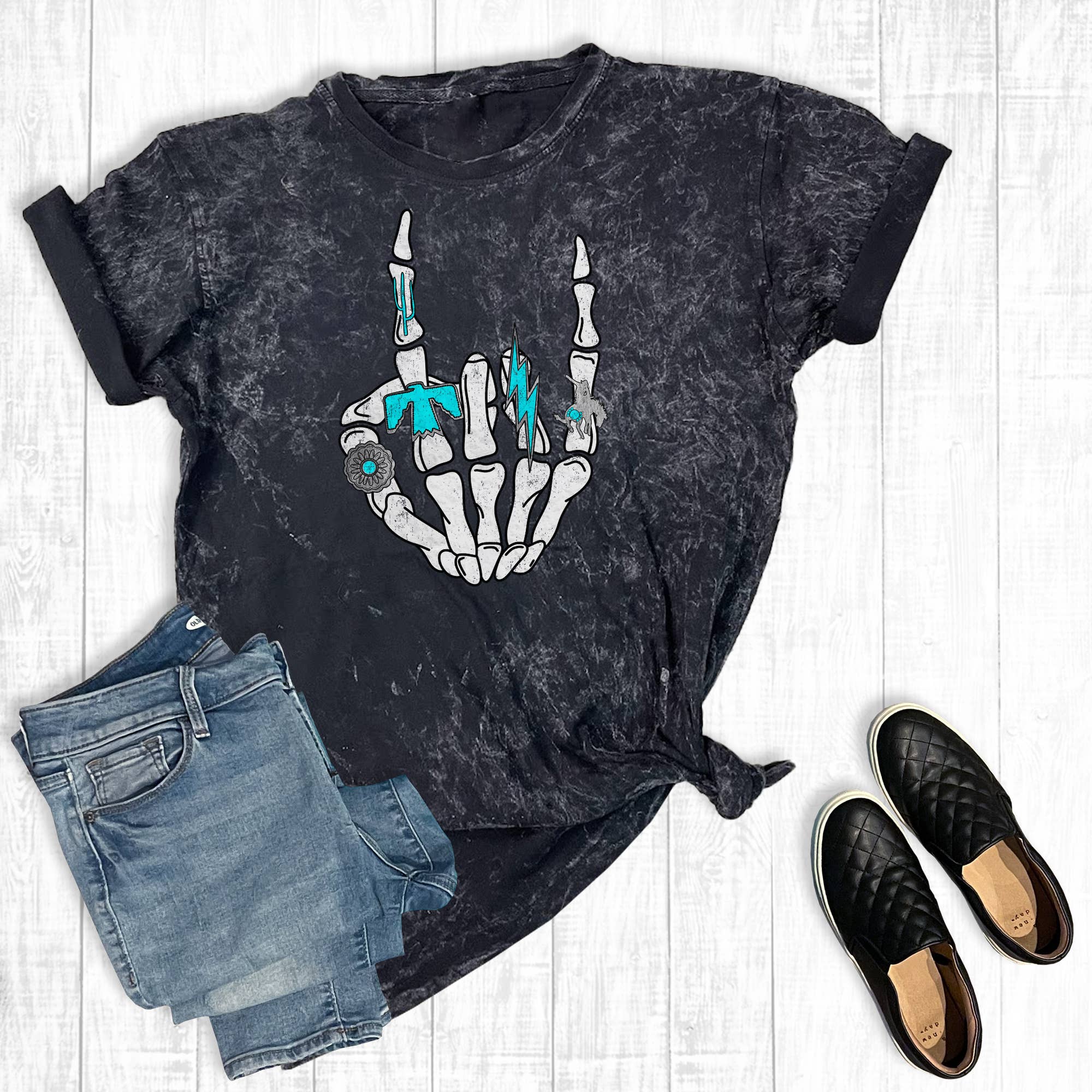 Turquoise Western Skelton Hand Mineral Wash Graphic Tee Hoodie, Sweatshirt | PodTeesHub.com
