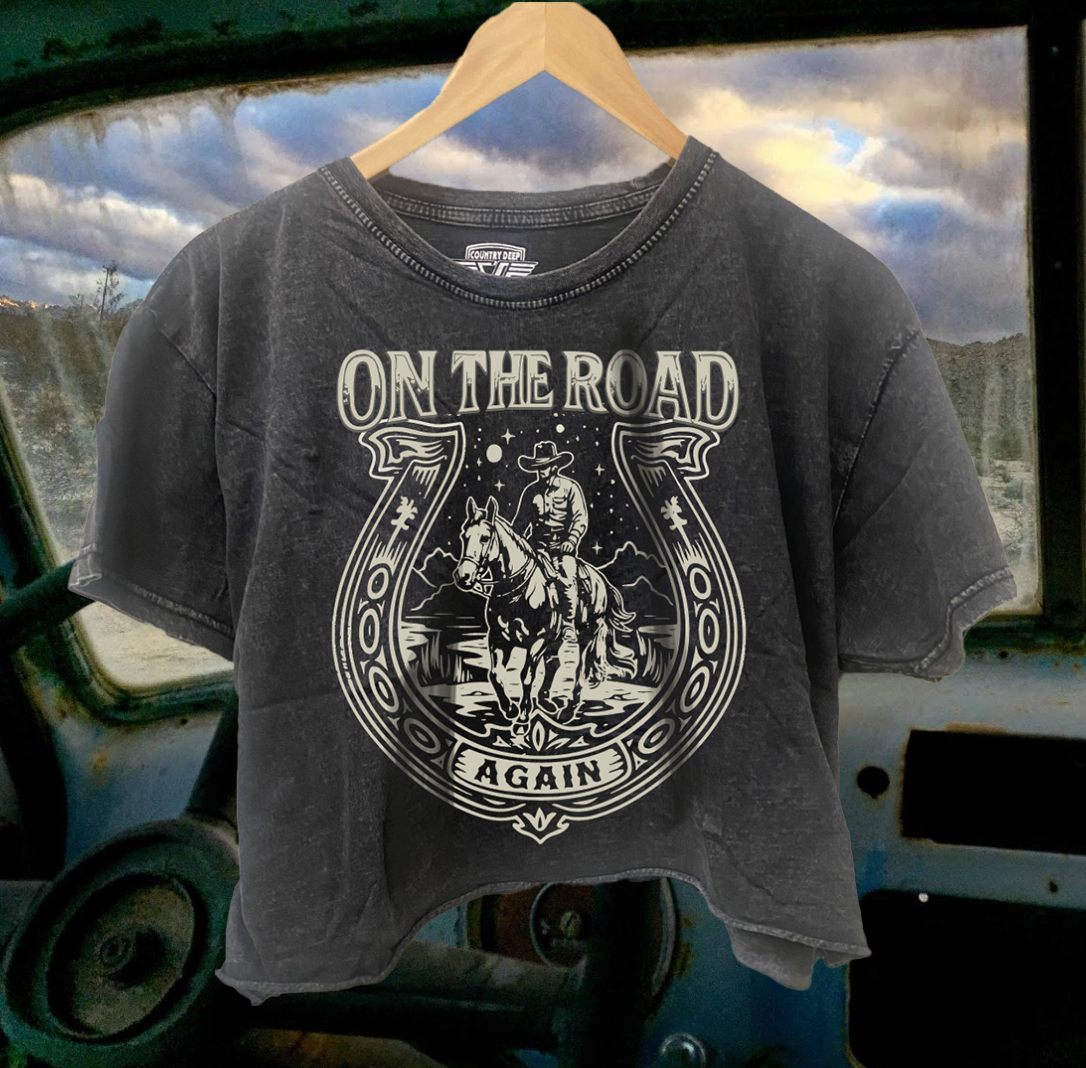 On the Road Again Horseshoe Vintage Relaxed Crop T-Shirt Hoodie, Sweatshirt | PodTeesHub.com