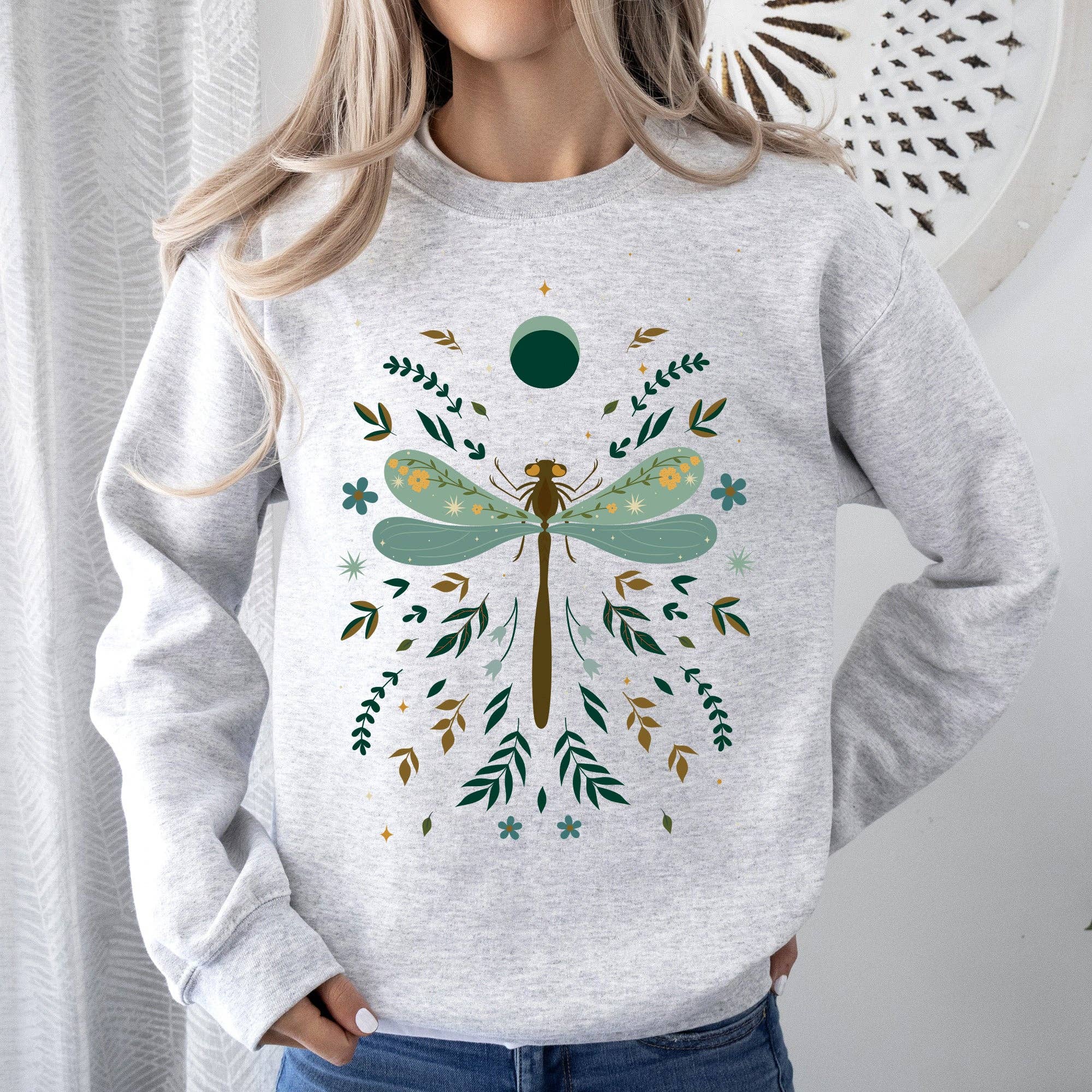 Floral Night Sky, Dragonfly, Moon, and Blooms Sweatshirt T-Shirts, Hoodie | PodTeesHub.com
