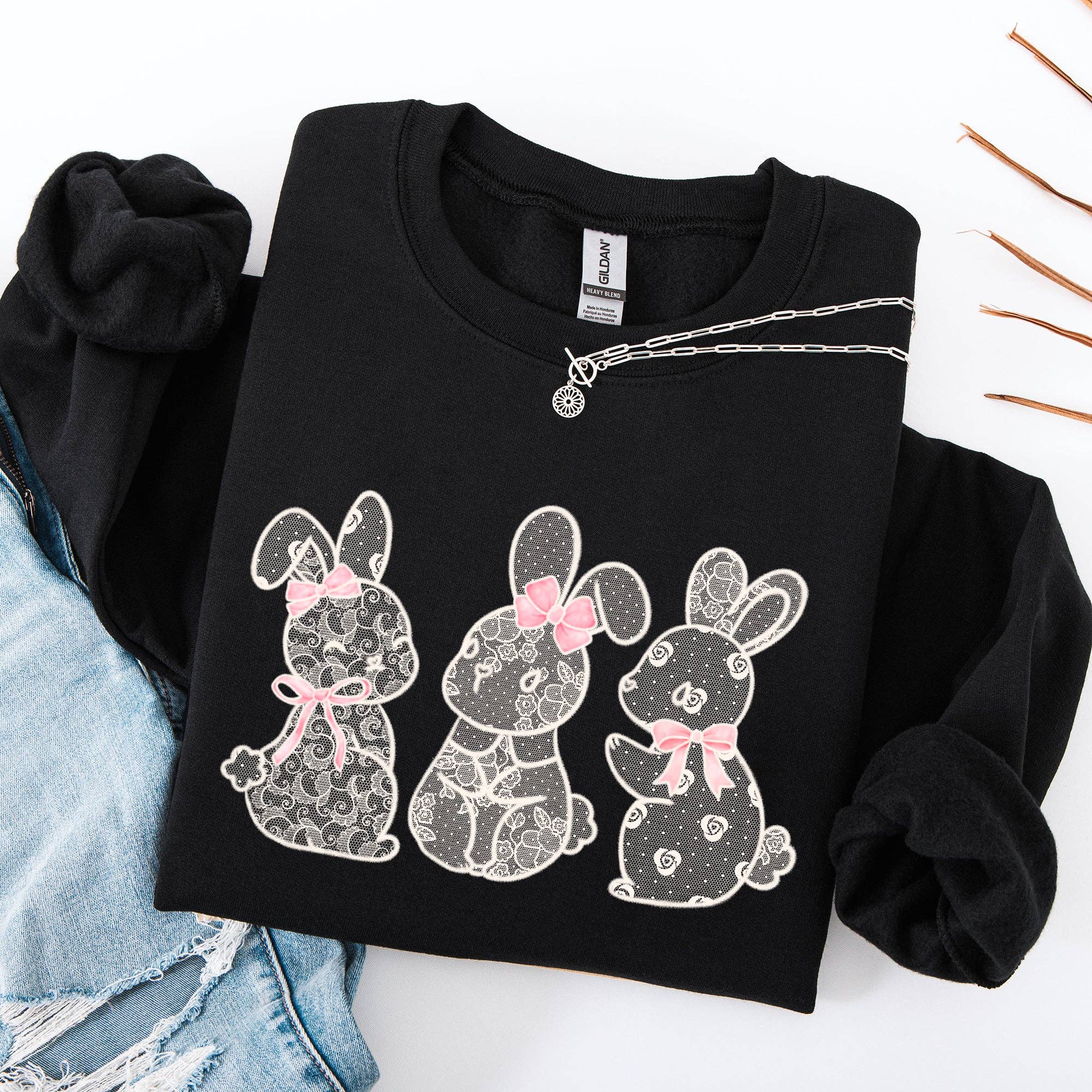 Faux Lace Bunny, Coquette, Ribbons Easter Rabbit Sweatshirt T-Shirts, Hoodie | PodTeesHub.com