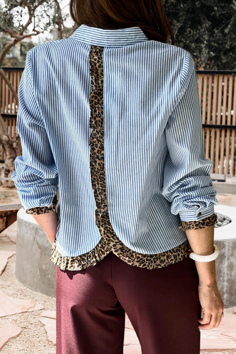 Stripe Contrast Frilled Leopard Trim Casual Shirt (S-Xl) Hoodie, Sweatshirt | PodTeesHub.com