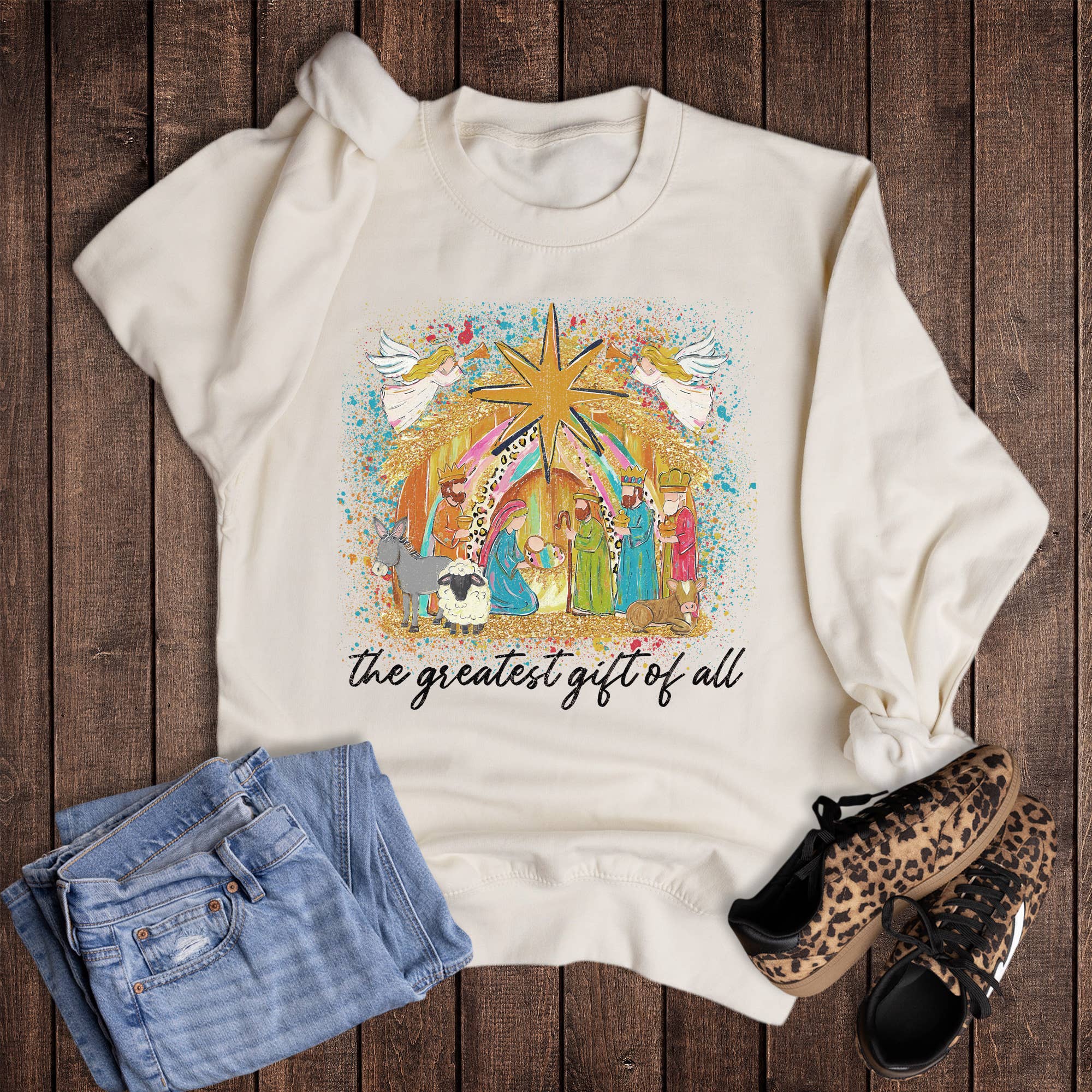 Christmas Faith Nativity Greatest Gift of All Sweatshirt T-Shirts, Hoodie | PodTeesHub.com