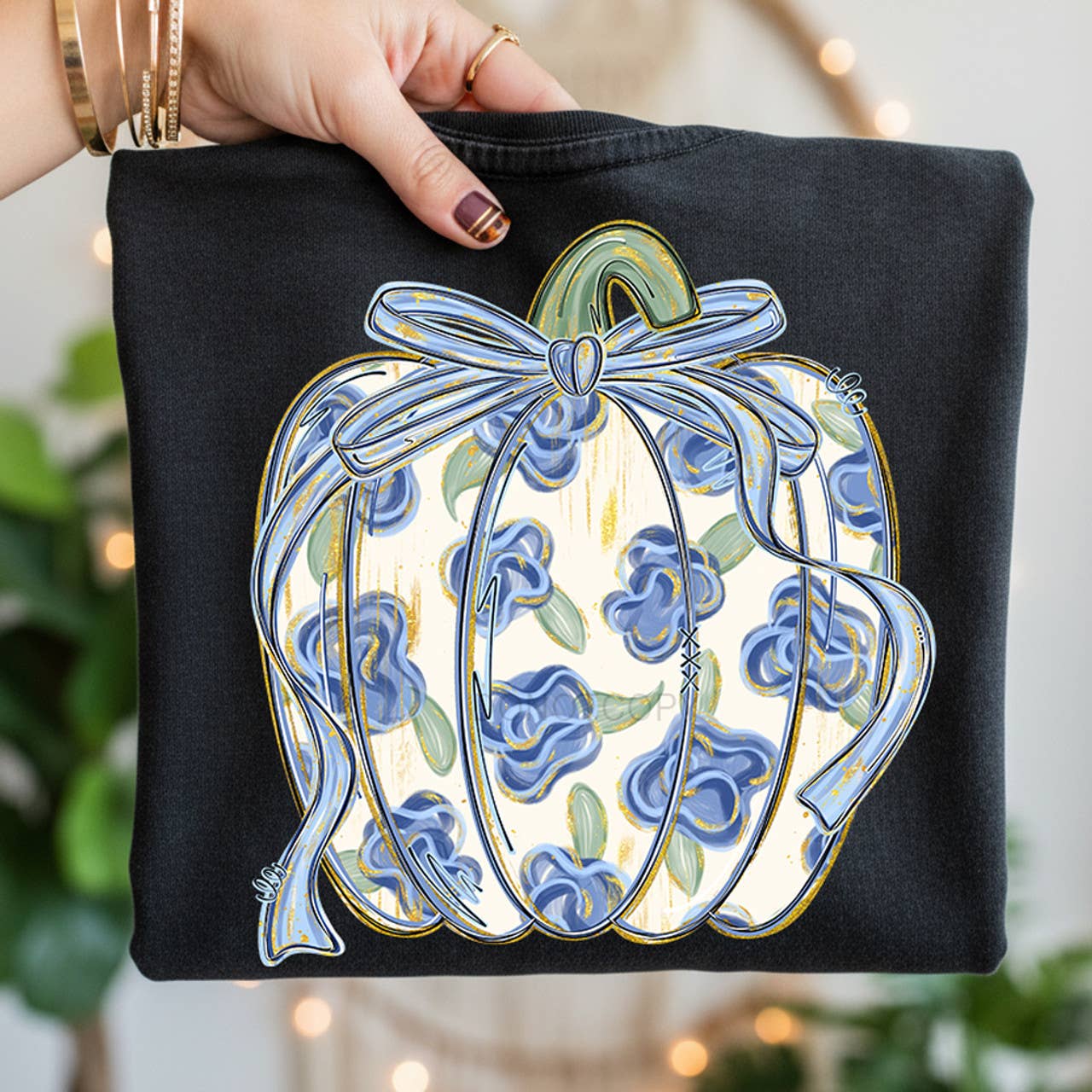 Blue Floral Pumpkin with Bow Tee Hoodie, Sweatshirt | PodTeesHub.com