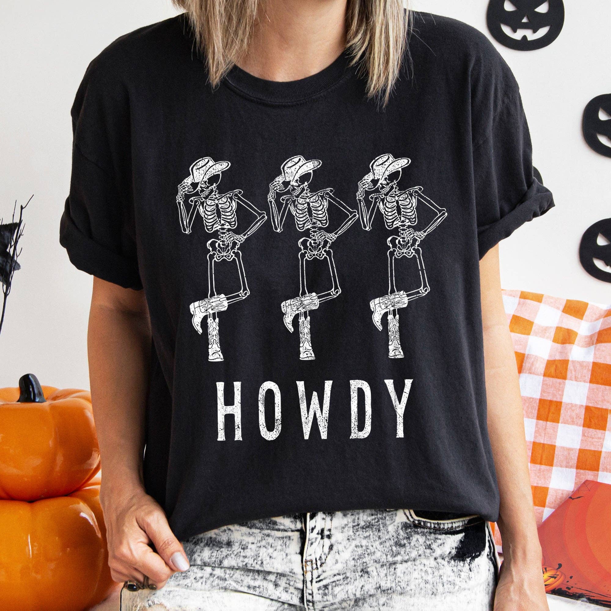Howdy Skeletons Western Halloween T-Shirt White Print Hoodie, Sweatshirt | PodTeesHub.com