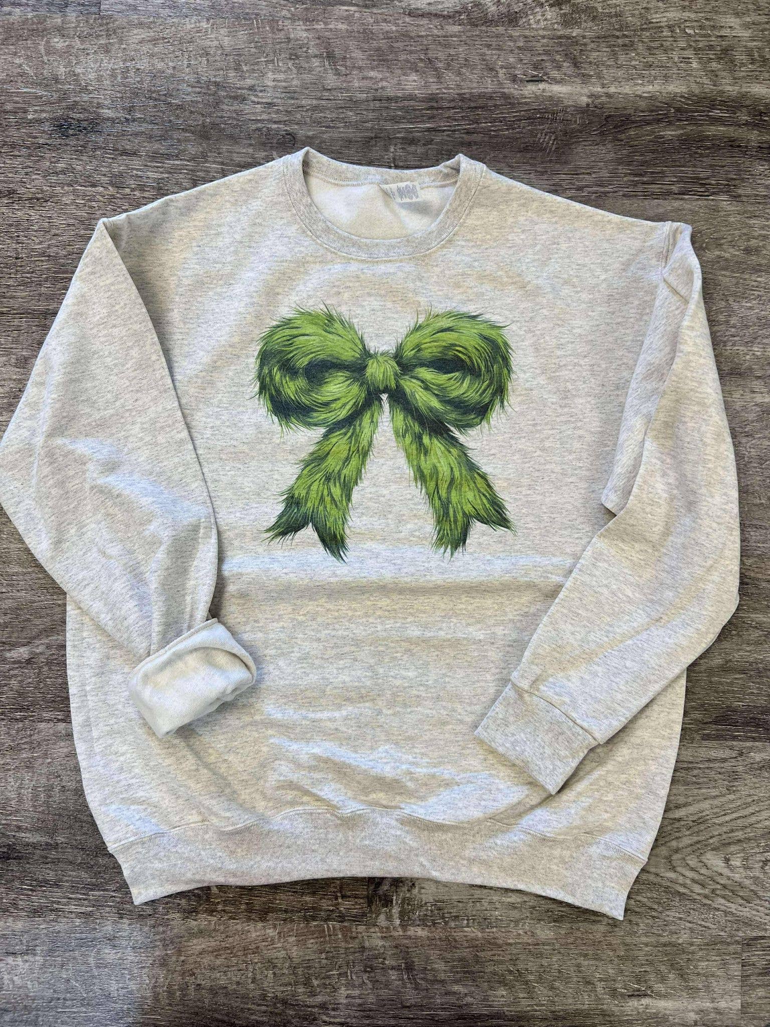 Furry Green Christmas Bow On Heather Oatmeal Sweatshirt T-Shirts, Hoodie | PodTeesHub.com