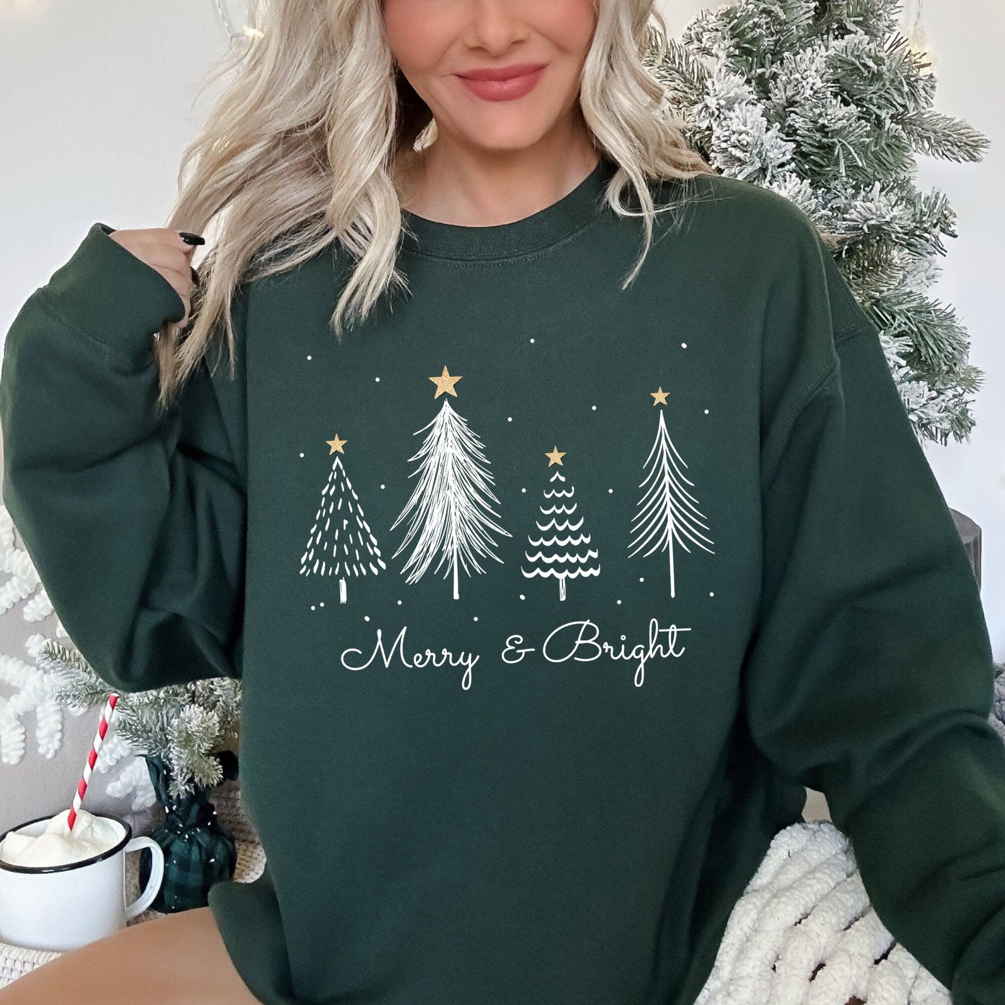 White Merry and Bright Christmas Trees Sweatshirt T-Shirts, Hoodie | PodTeesHub.com