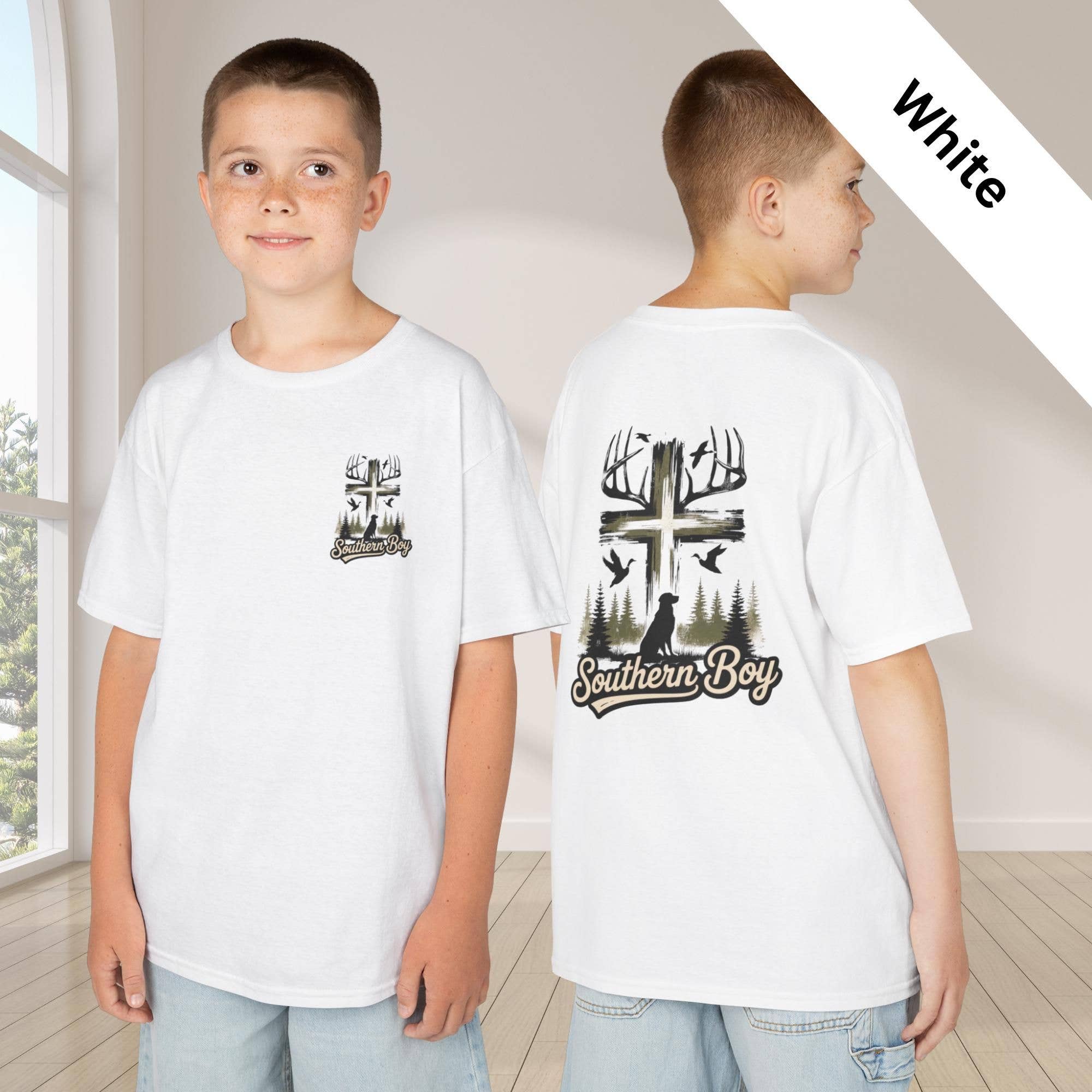 Southern Boy Youth Shirt Hunting Dog Antler Cross Tee Hoodie, Sweatshirt | PodTeesHub.com