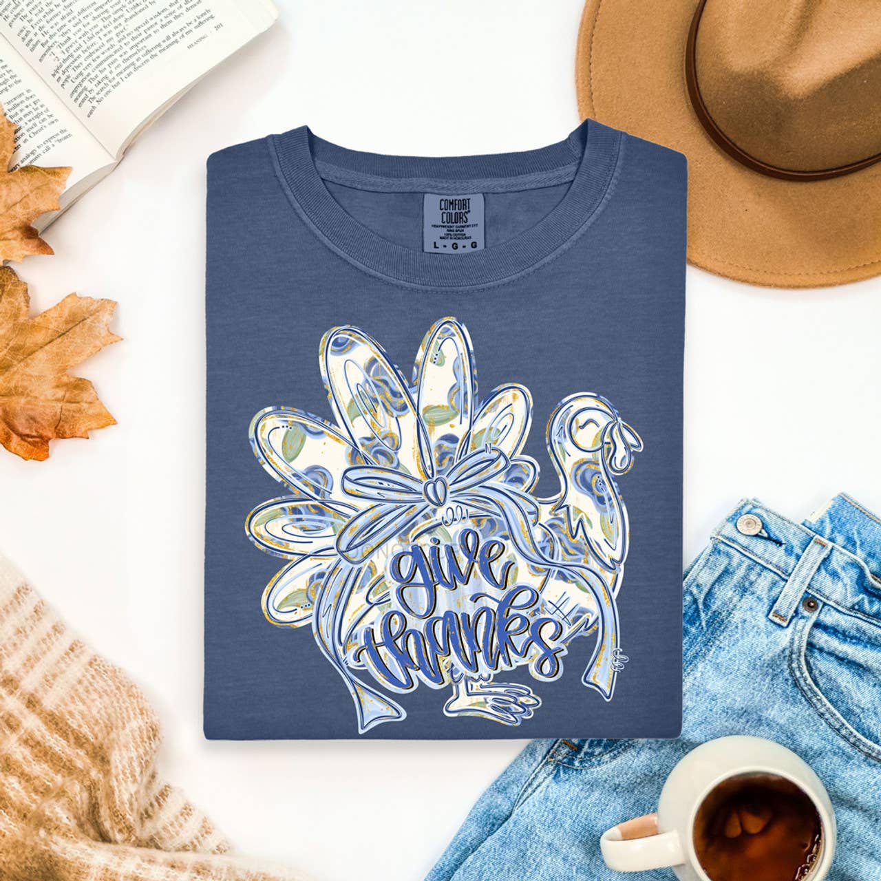 Give Thanks Painted Blue Floral Turkey Tee Hoodie, Sweatshirt | PodTeesHub.com