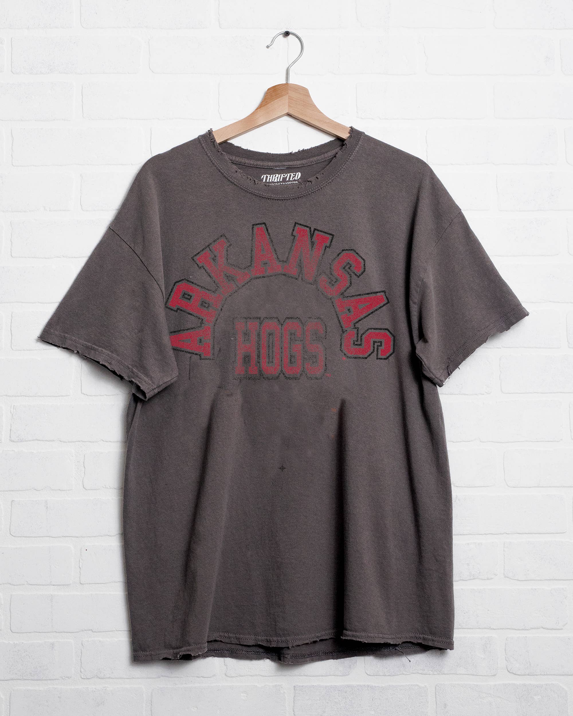 Arkansas Razorbacks Mega Arch Charcoal Thrifted Tee Hoodie, Sweatshirt | PodTeesHub.com