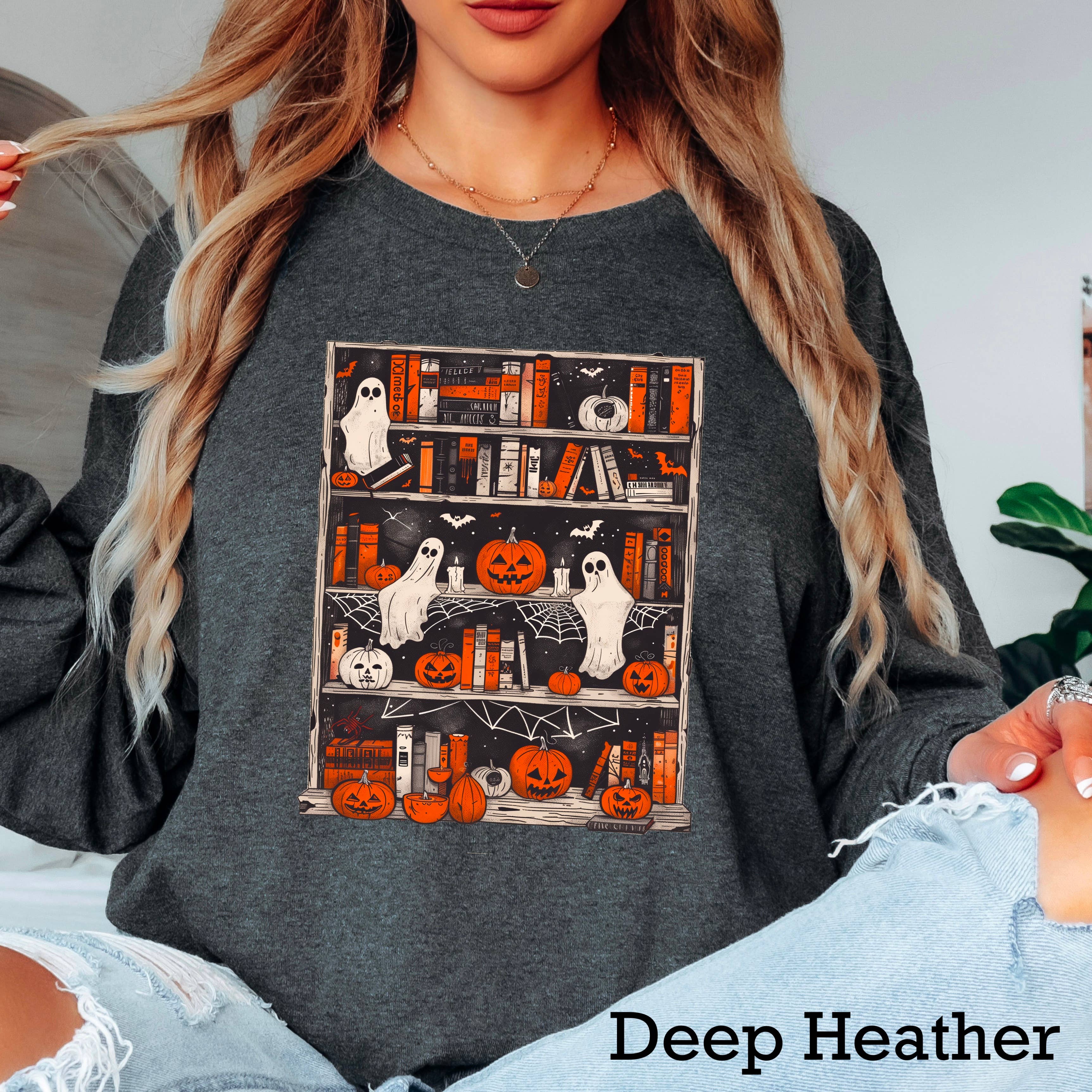 Halloween 2025 Ghost Bookcase Long Sleeve Shirt | Gildan Hoodie, Sweatshirt | PodTeesHub.com