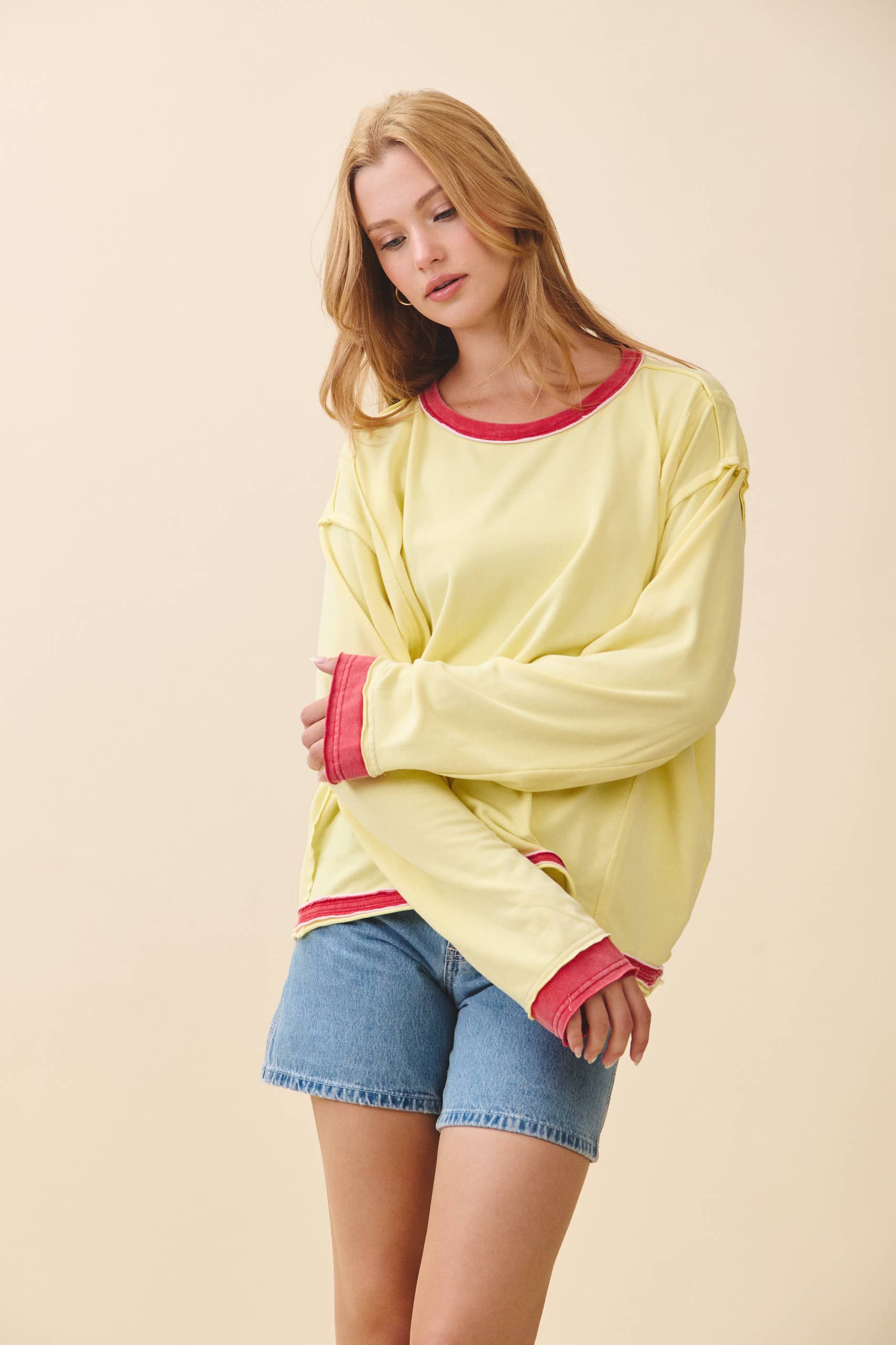 8579HK Relaxed Contrast Trim Long Sleeve Tee Hoodie, Sweatshirt | PodTeesHub.com