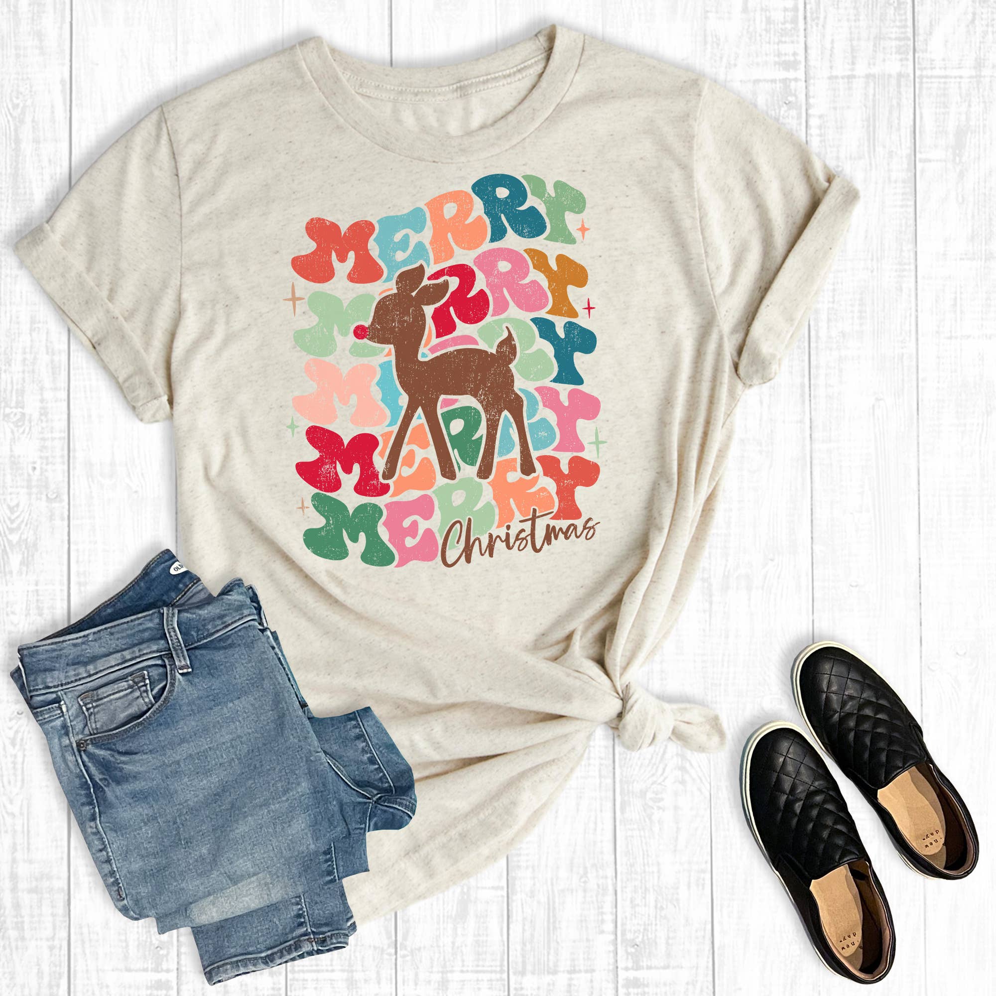 Retro Reindeer Merry Christmas Graphic Tee Hoodie, Sweatshirt | PodTeesHub.com