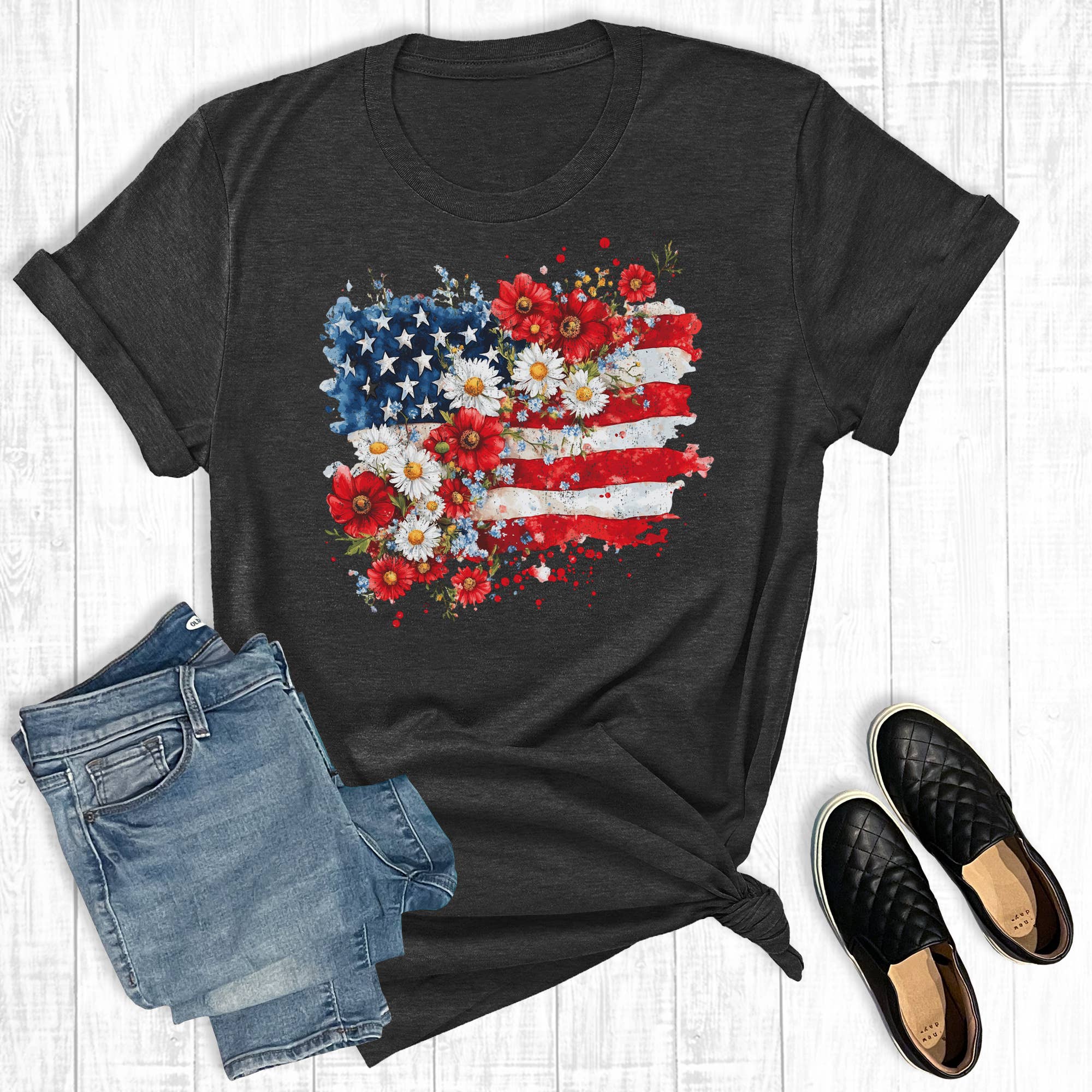 Independence Day Floral Flag Graphic Tee Hoodie, Sweatshirt | PodTeesHub.com