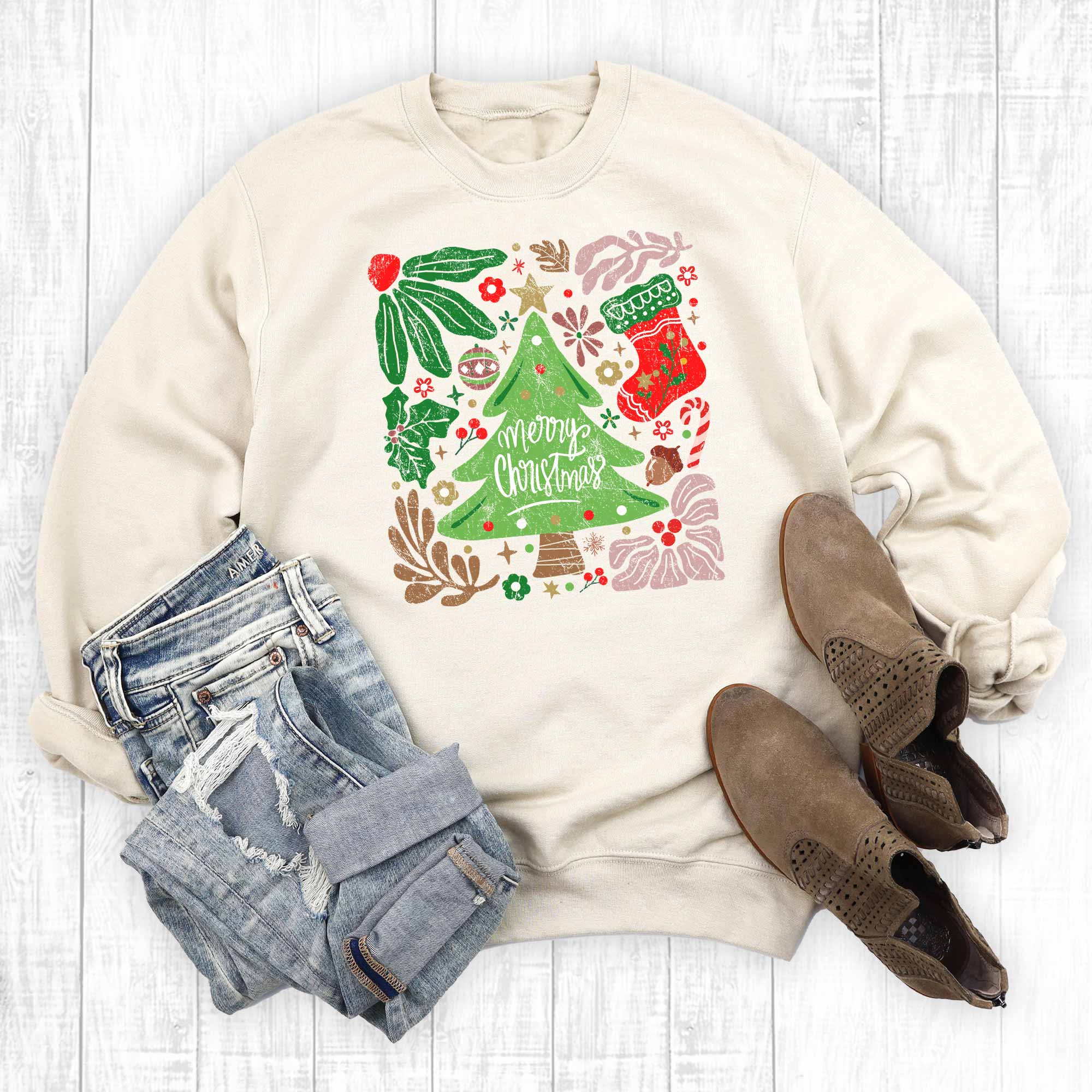Boho Retro Merry Christmas Graphic Sweatshirt T-Shirts, Hoodie | PodTeesHub.com