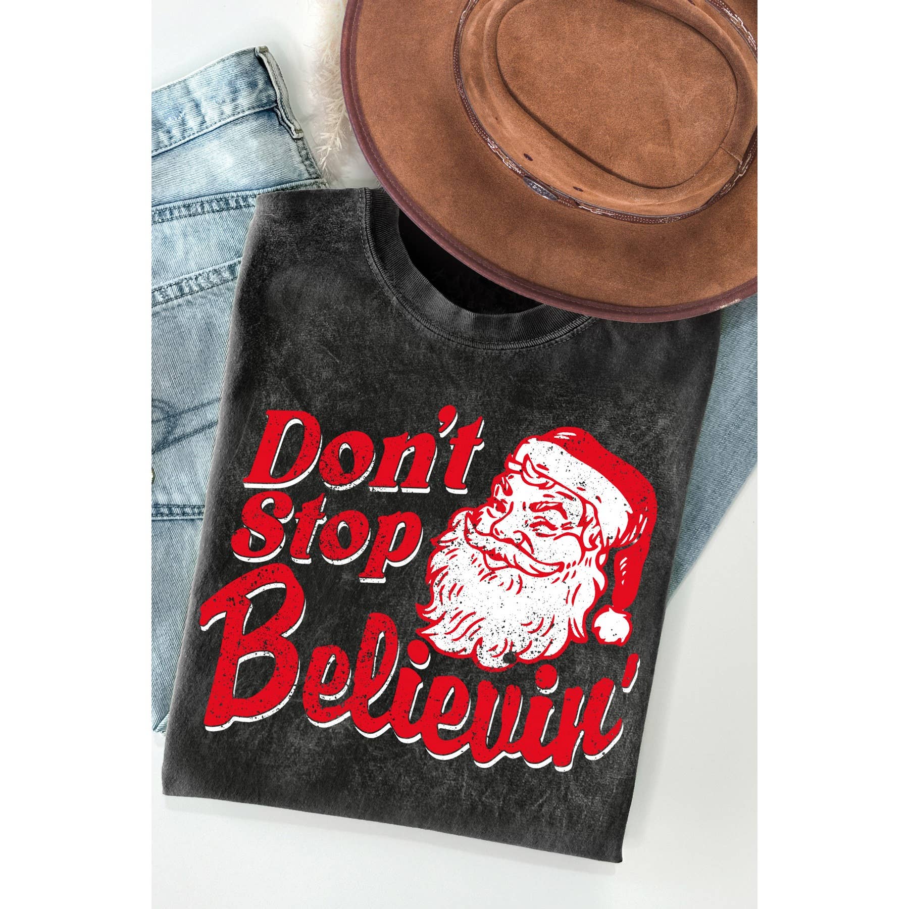 Dont Stop Believin Santa Mineral Wash T Shirt Hoodie, Sweatshirt | PodTeesHub.com