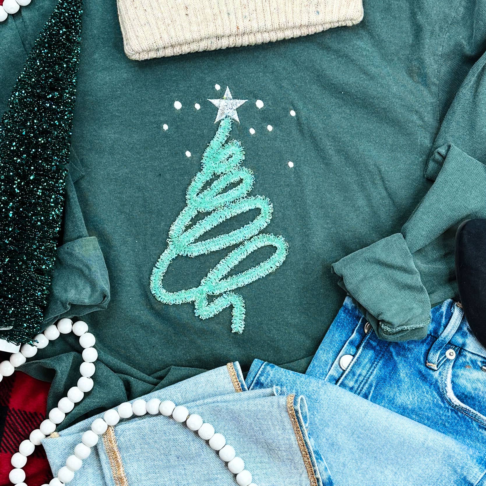 Christmas Tree Looped Embroidered Blue Spruce Long Sleeve Tee Hoodie, Sweatshirt | PodTeesHub.com