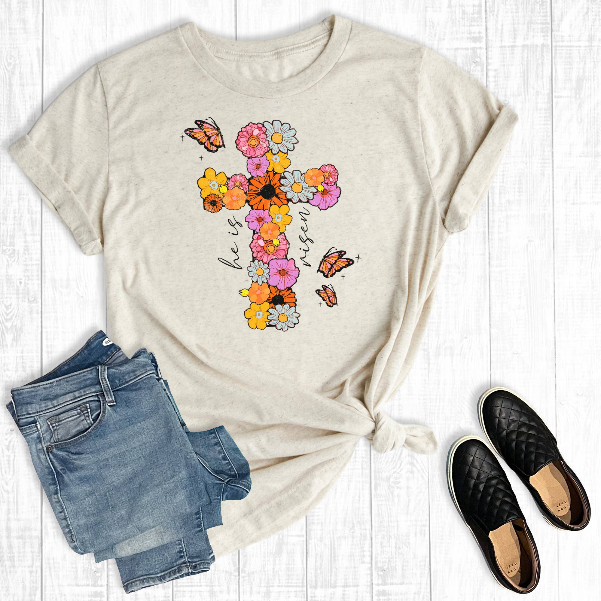 Easter Floral Cross He Is Risen Graphic Tee Hoodie, Sweatshirt | PodTeesHub.com