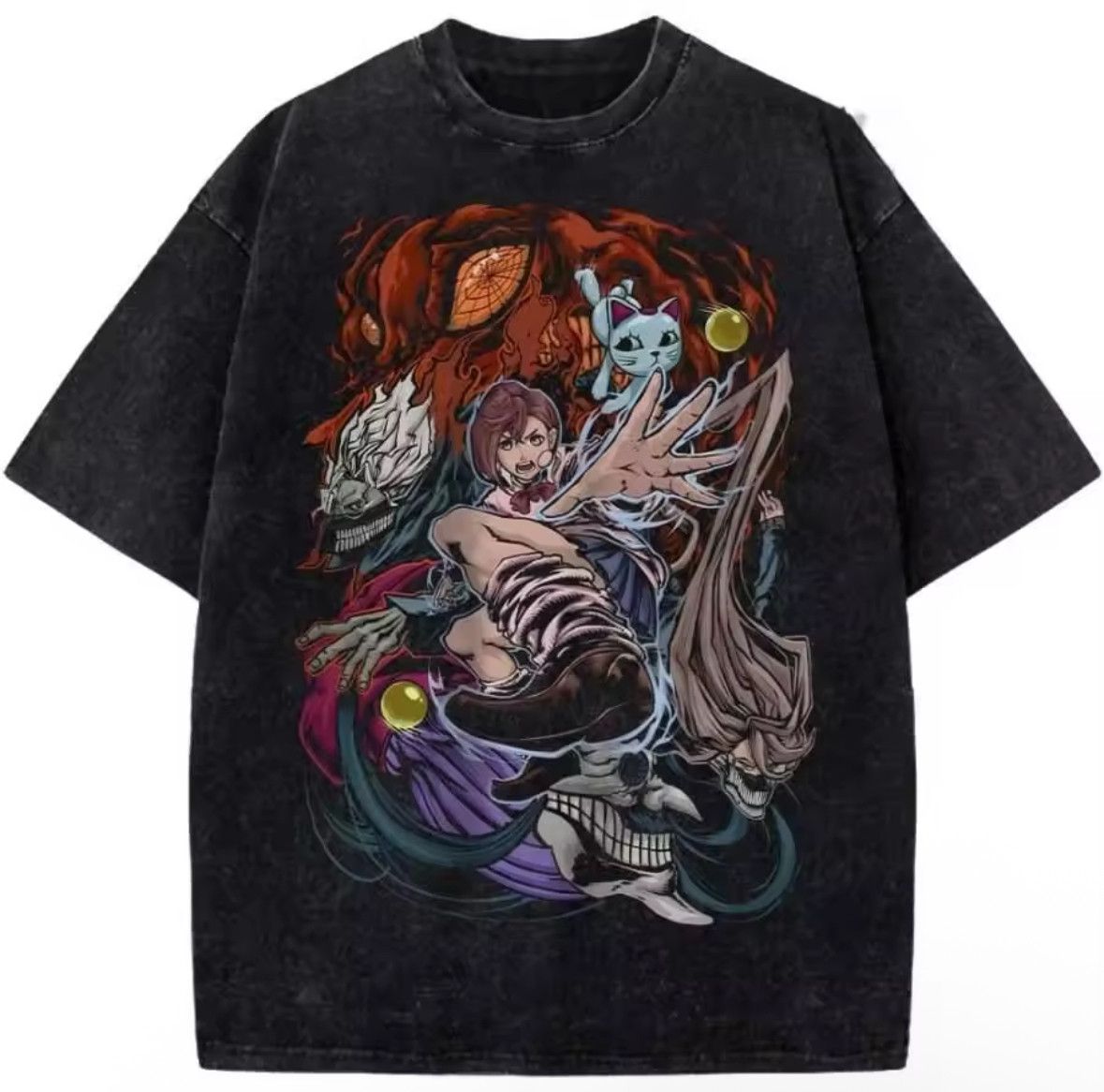 Japanese Brand Y2k Gothic Dandadan Anime Cat Washed T Shirt Hoodie, Sweatshirt | PodTeesHub.com