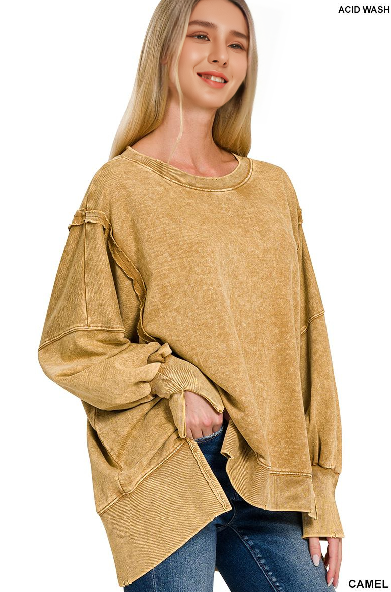 1016 Split Cuff Washed Oversized Sweatshirt SI-26167 T-Shirts, Hoodie | PodTeesHub.com