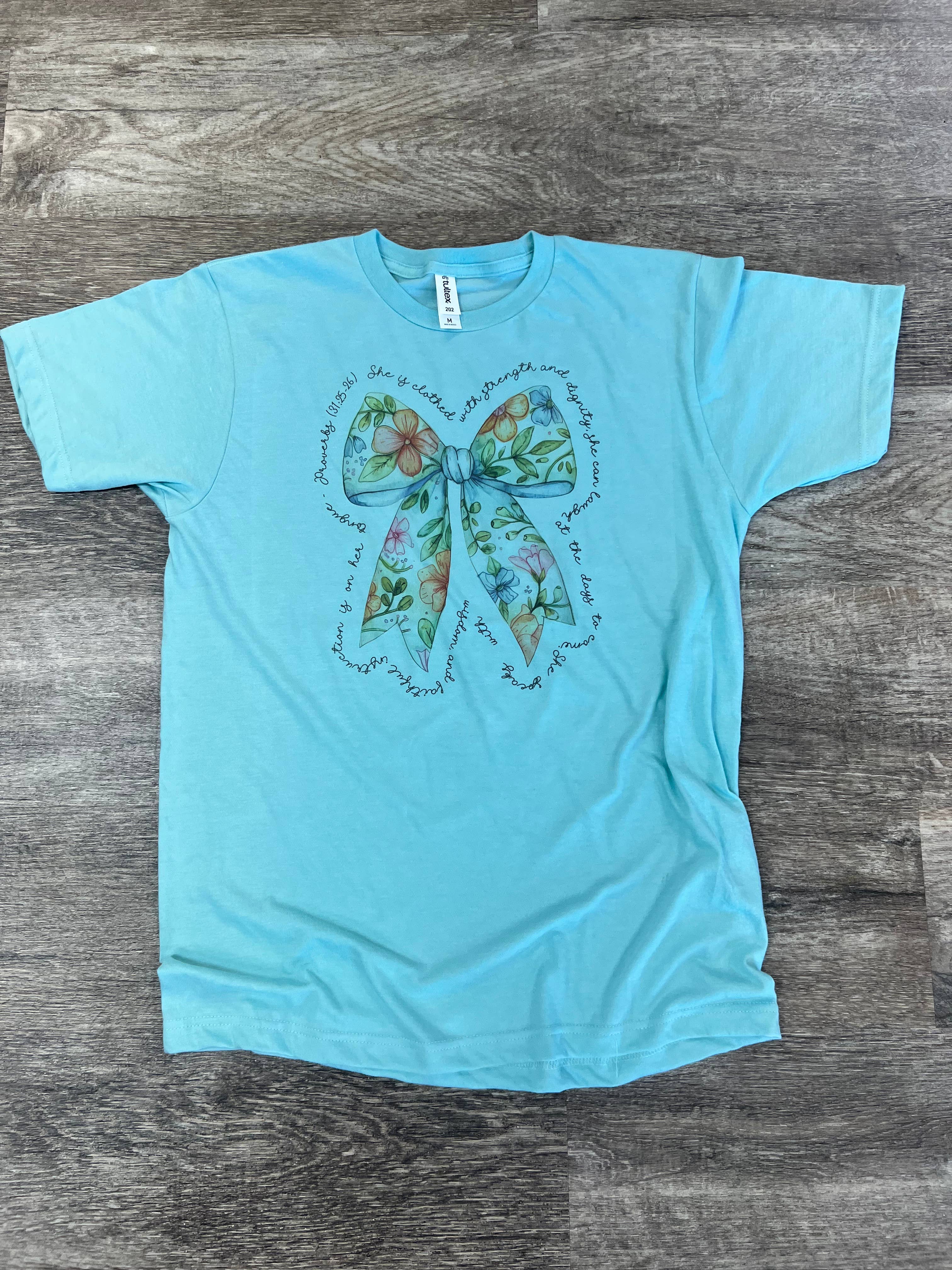 She Is Clothed with Strength Floral Bow On Purist Blue Tee Hoodie, Sweatshirt | PodTeesHub.com