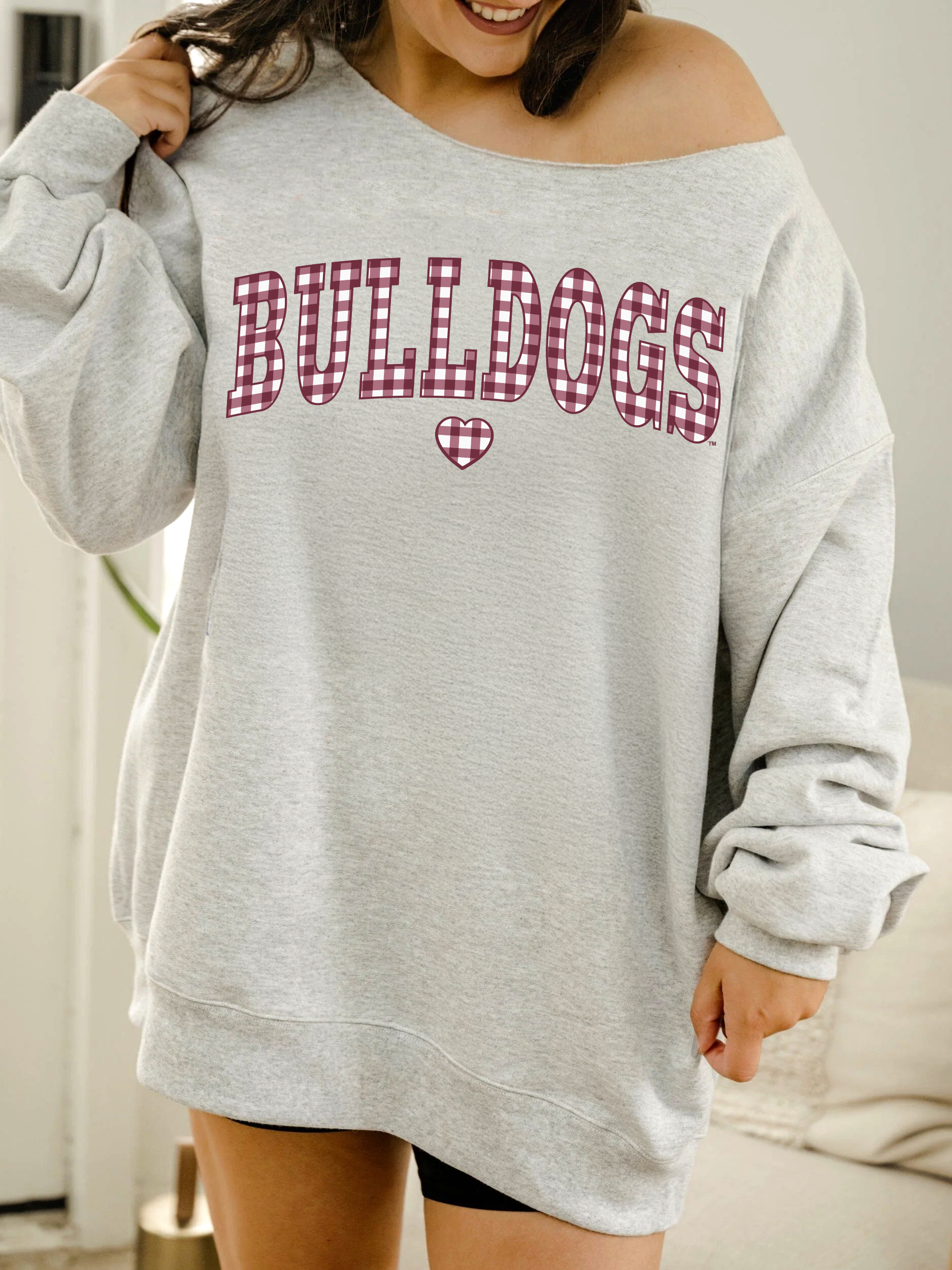Msu Bulldogs Gingham Heart Gray Flashdance Sweatshirt T-Shirts, Hoodie | PodTeesHub.com