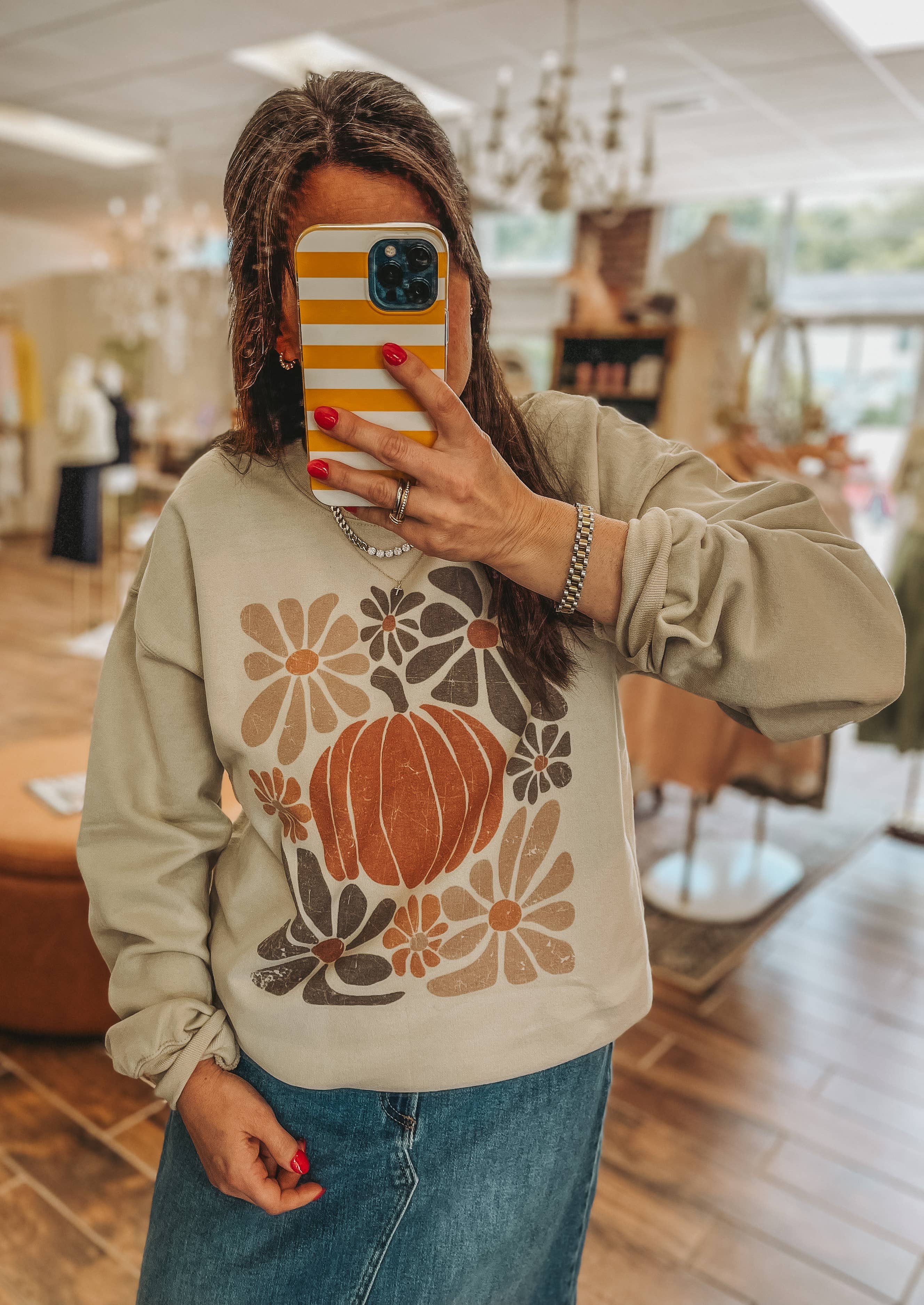 Retro Pumpkin Floral Chart Fall Crew Neck Sweatshirt T-Shirts, Hoodie | PodTeesHub.com