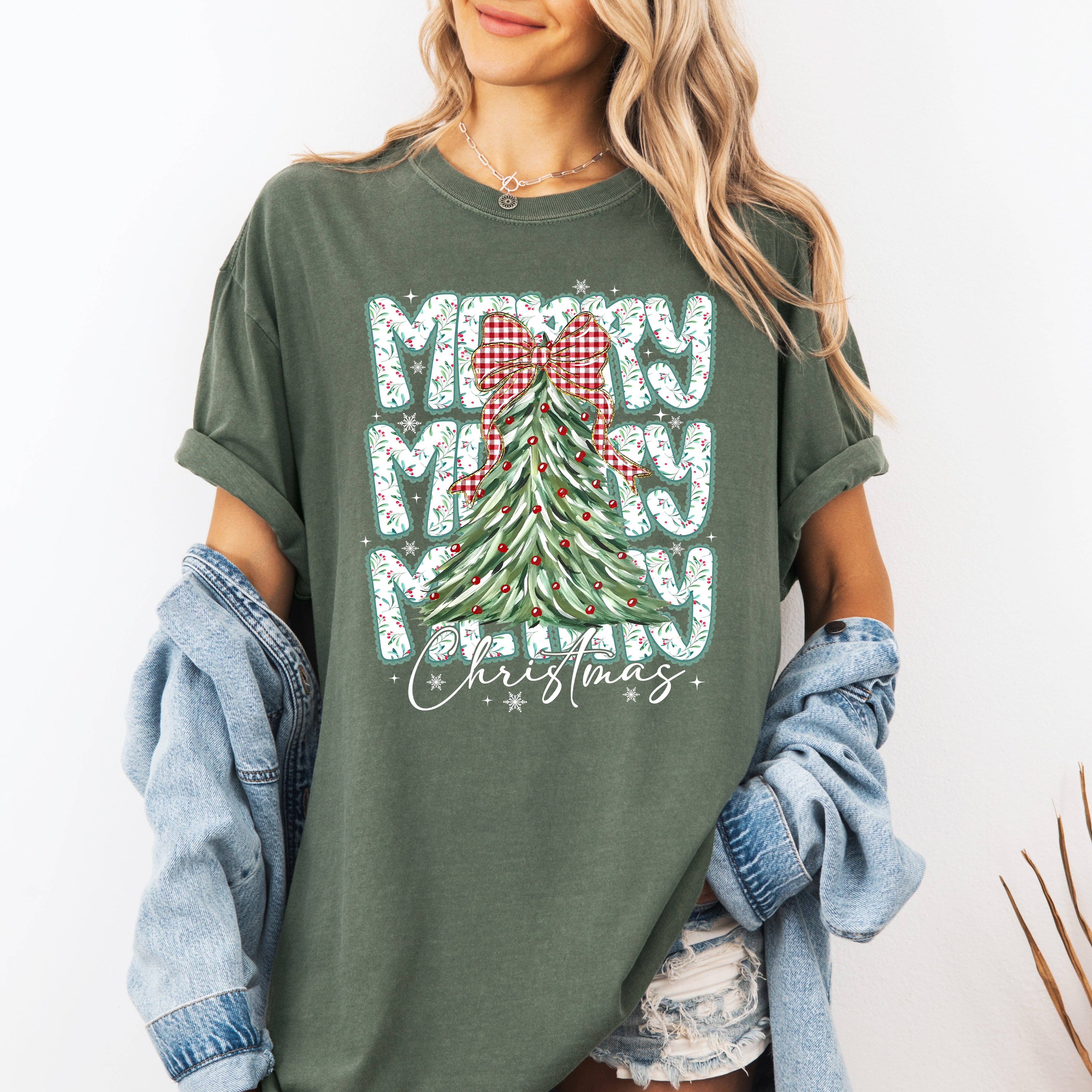 Merry Christmas, Tree, Classic, Santa, Gingham Bow T-Shirt Hoodie, Sweatshirt | PodTeesHub.com