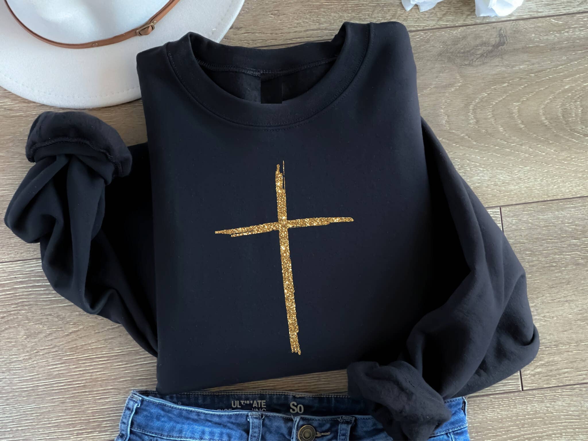 New Gold Cross Black Cozy Faith Graphic Tee Sweatshirt Hoodie | PodTeesHub.com